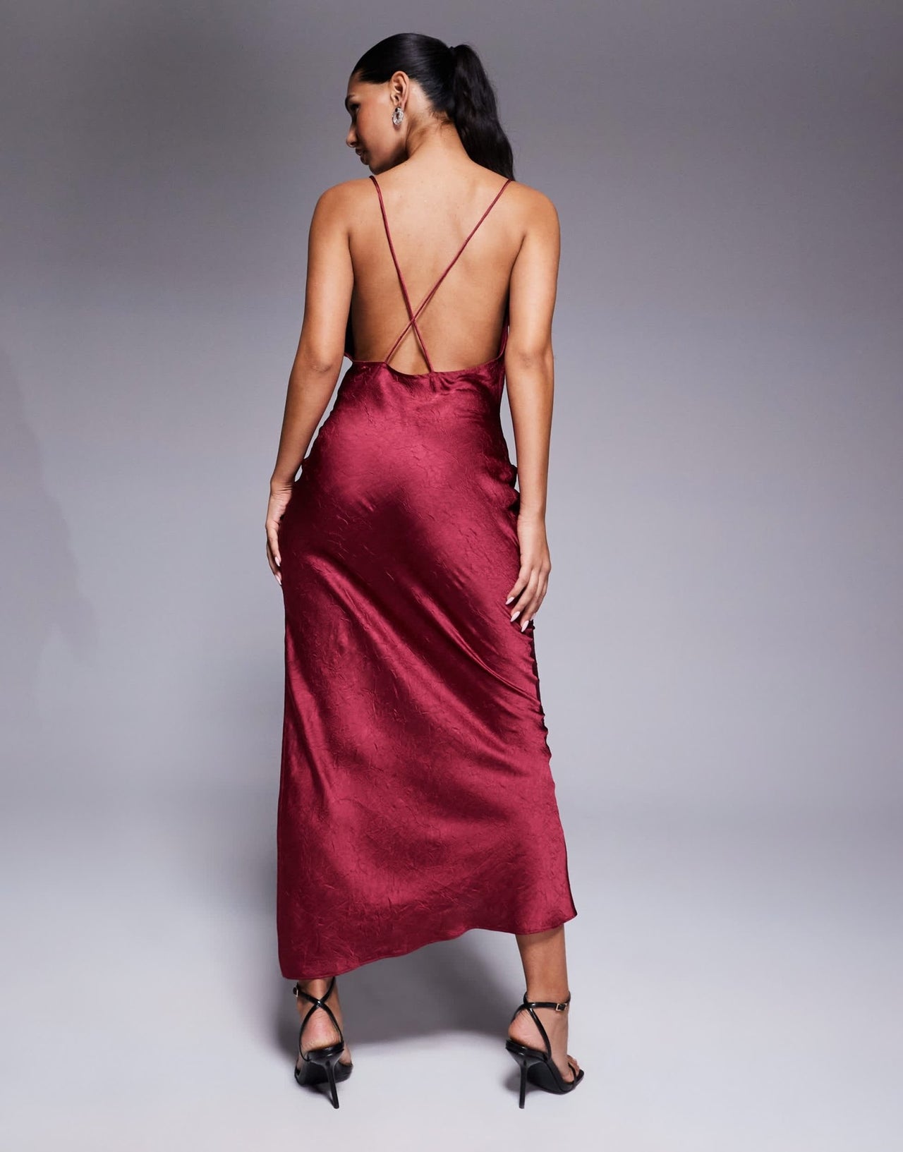 ASOS DESIGN textured satin strappy maxi dress with split in burgundy - ASOS Sample Sale