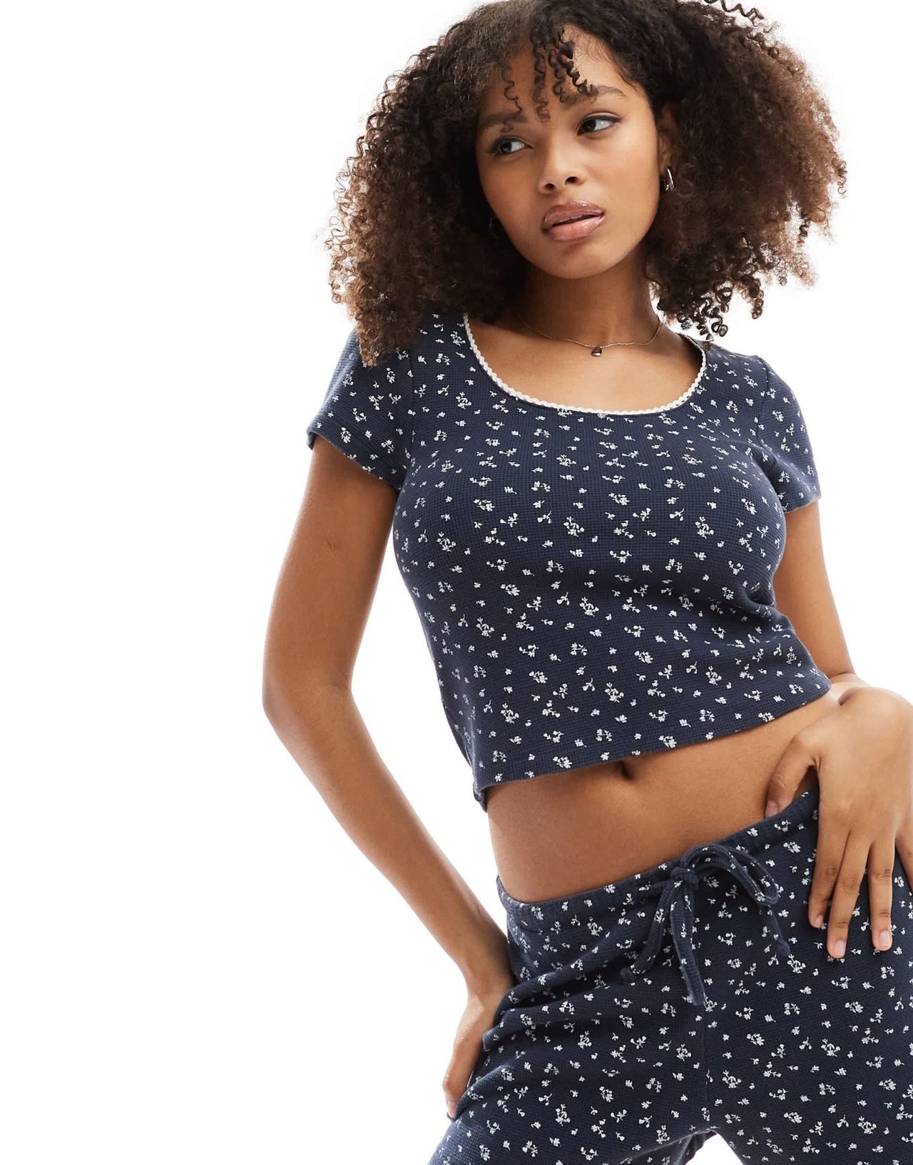 ASOS DESIGN textured square neck cap sleeve t-shirt co - ord in navy ditsy print - ASOS Sample Sale