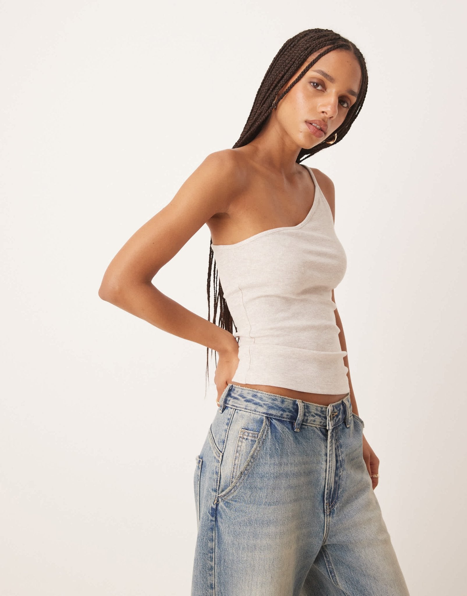 ASOS DESIGN textured stripe one shoulder tank in neutral - ASOS Sample Sale