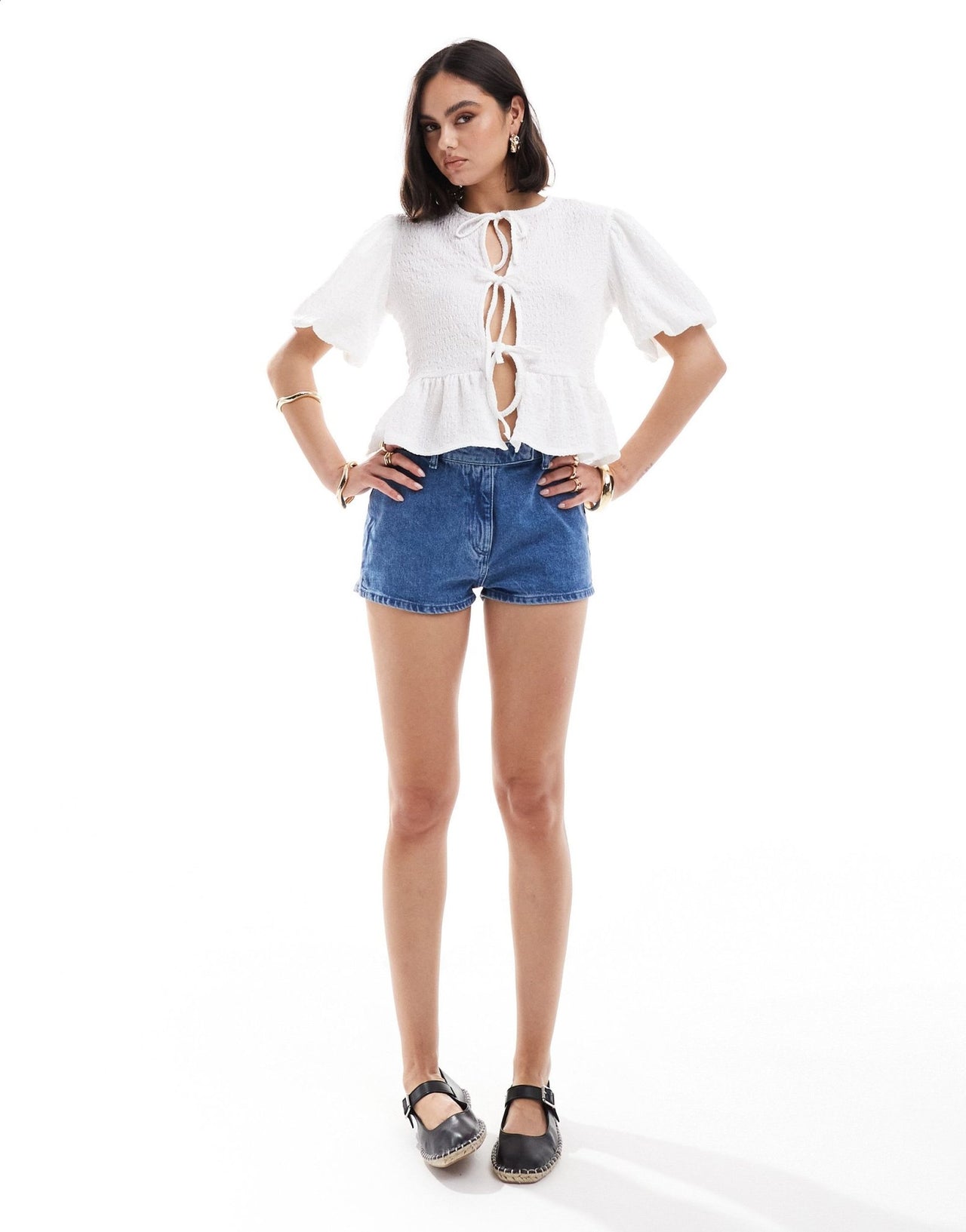 ASOS DESIGN textured volume sleeve tie front top in white - ASOS Sample Sale