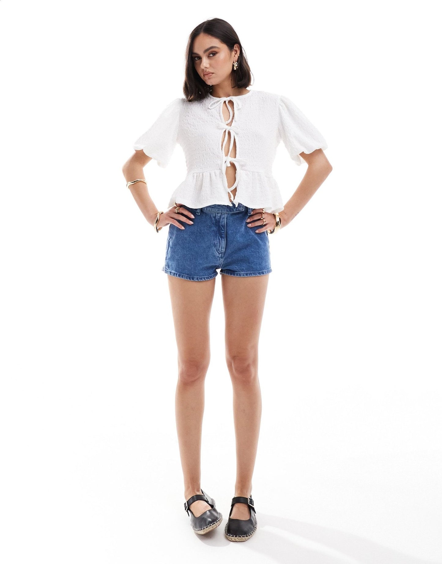 ASOS DESIGN textured volume sleeve tie front top in white - ASOS Sample Sale