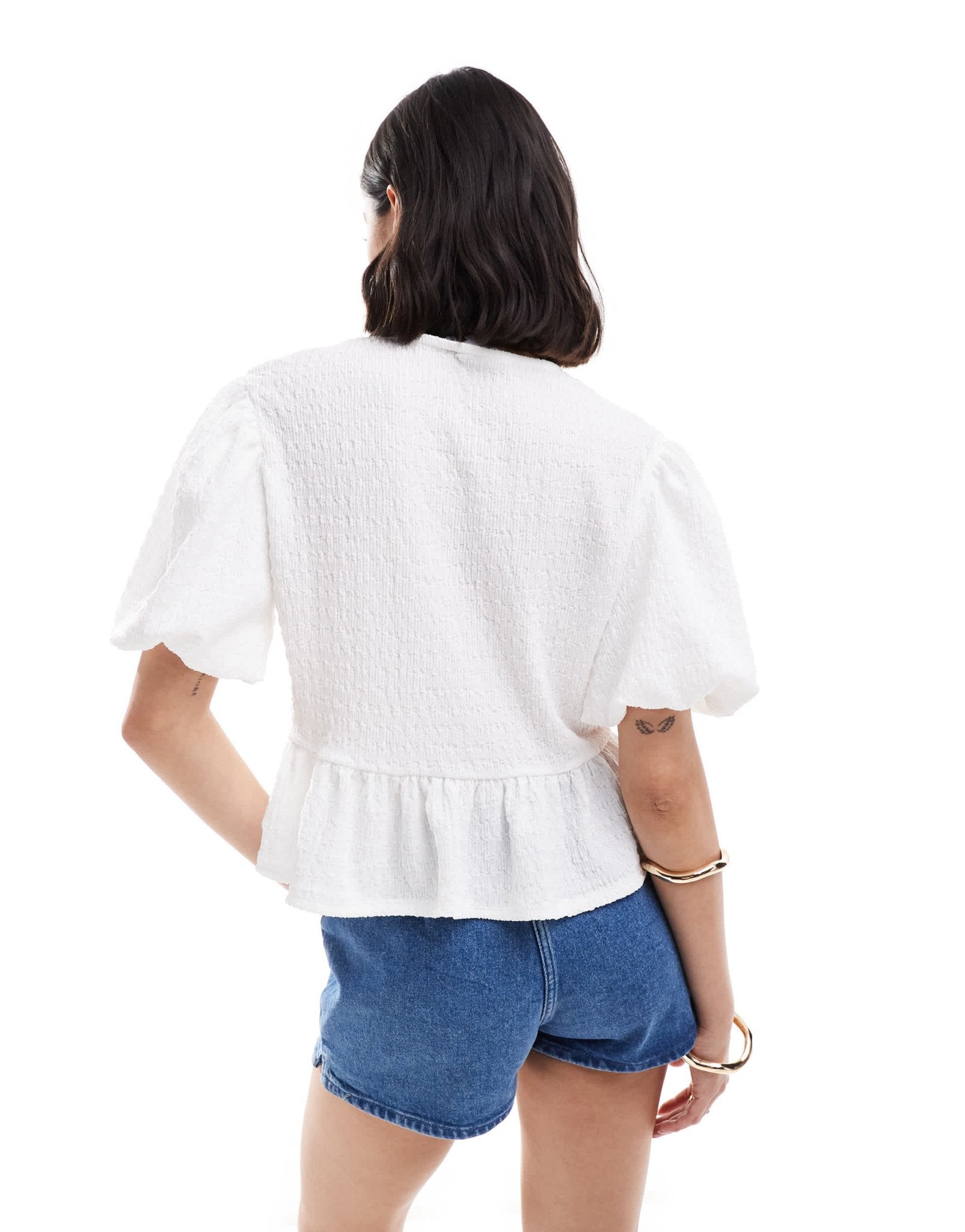 ASOS DESIGN textured volume sleeve tie front top in white - ASOS Sample Sale
