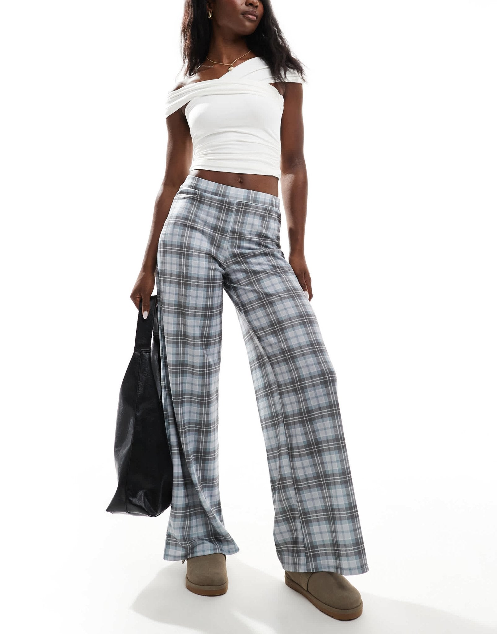 ASOS DESIGN textured wide leg pull on trousers in blue check - ASOS Sample Sale