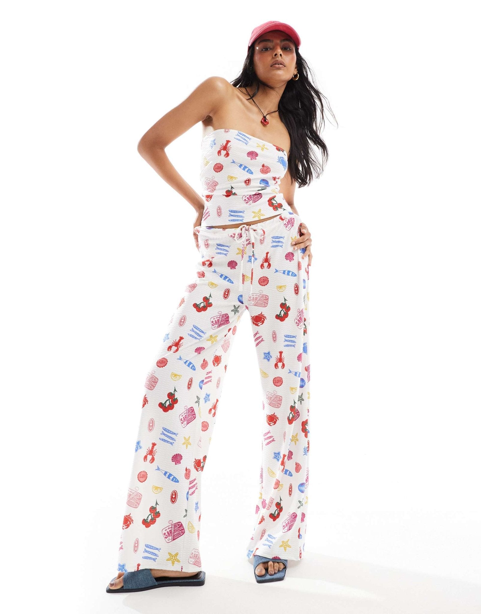 ASOS DESIGN textured wide leg trouser co - ord in summer food print - ASOS Sample Sale