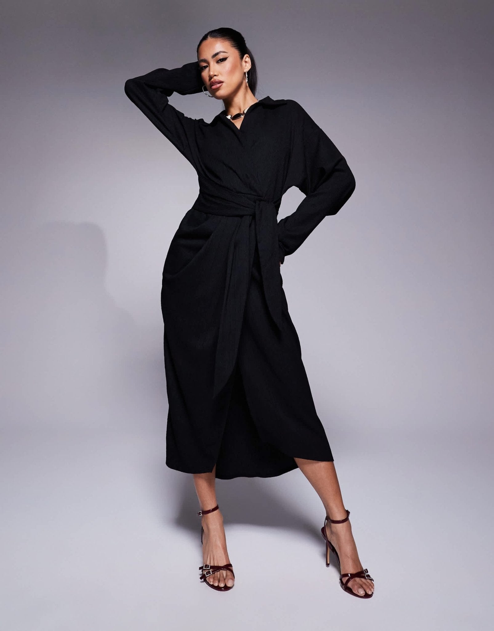 ASOS DESIGN textured wrap tie waist shirt midi dress in black - ASOS Sample Sale