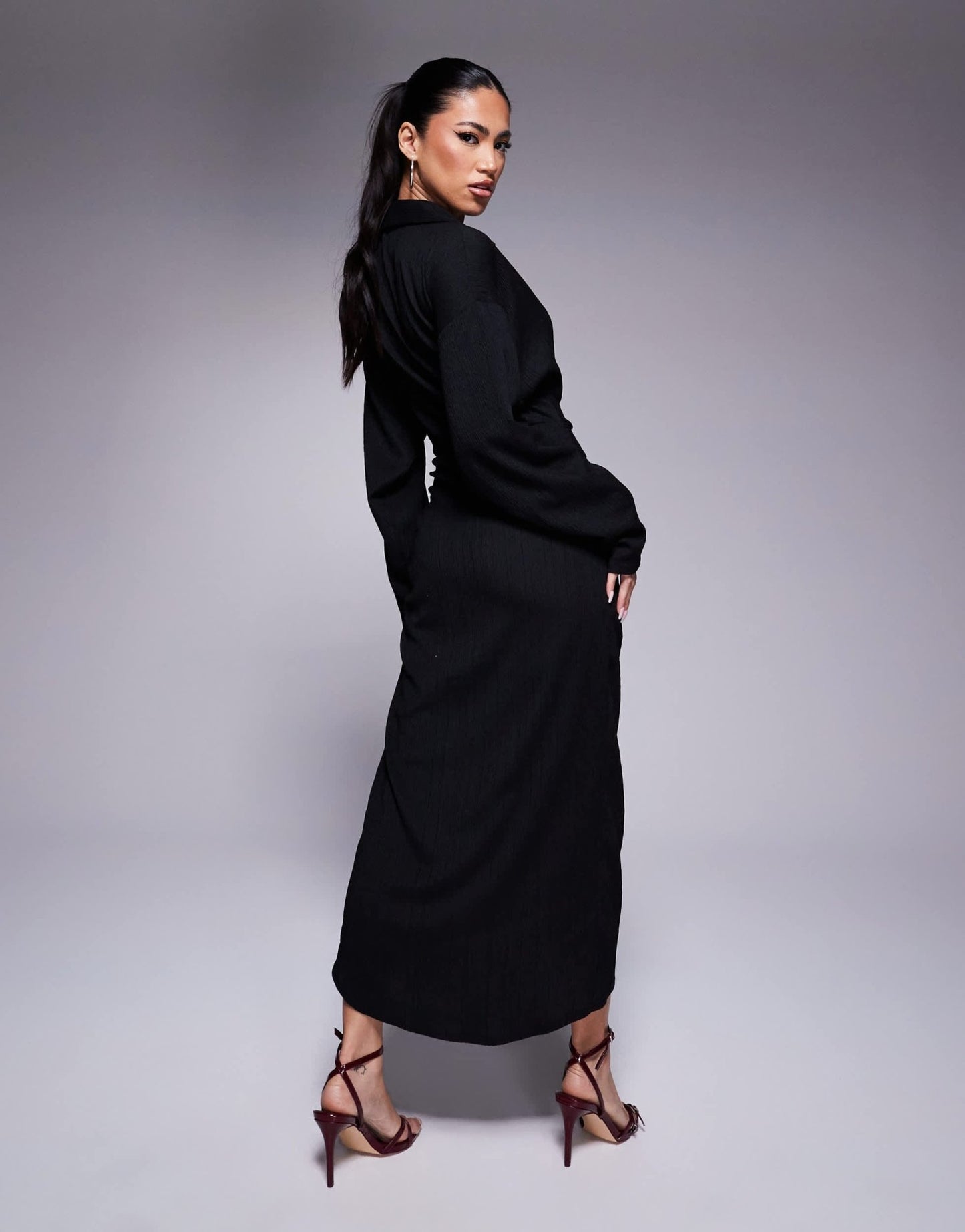 ASOS DESIGN textured wrap tie waist shirt midi dress in black - ASOS Sample Sale