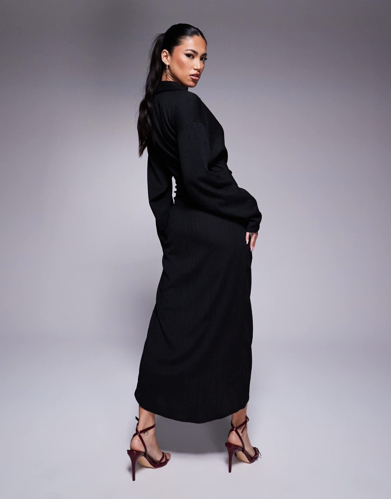 ASOS DESIGN textured wrap tie waist shirt midi dress in black - ASOS Sample Sale