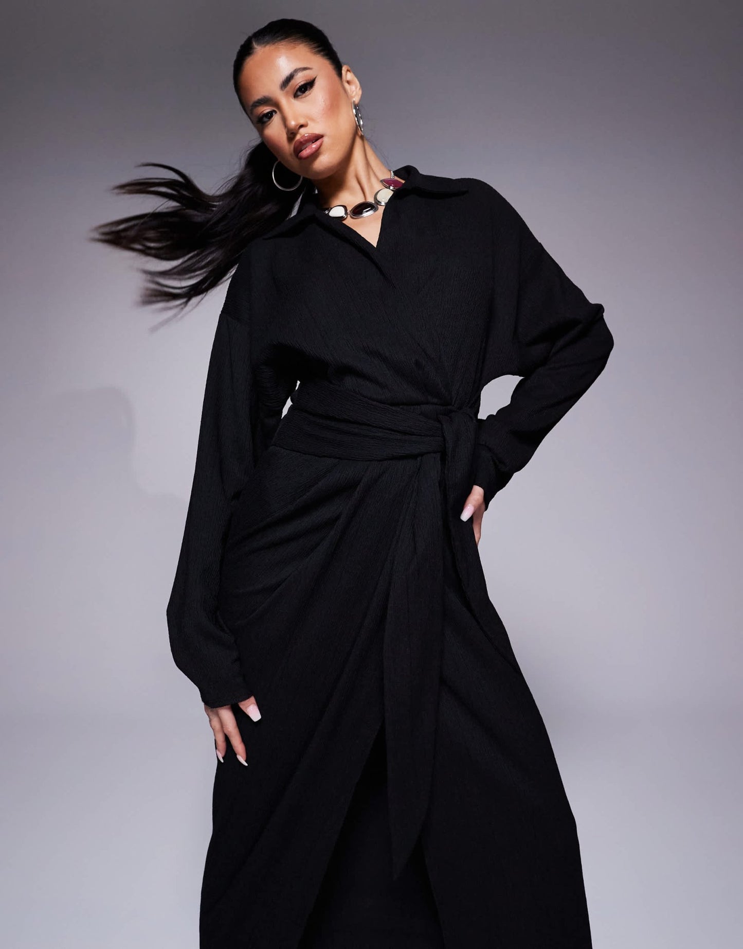 ASOS DESIGN textured wrap tie waist shirt midi dress in black - ASOS Sample Sale