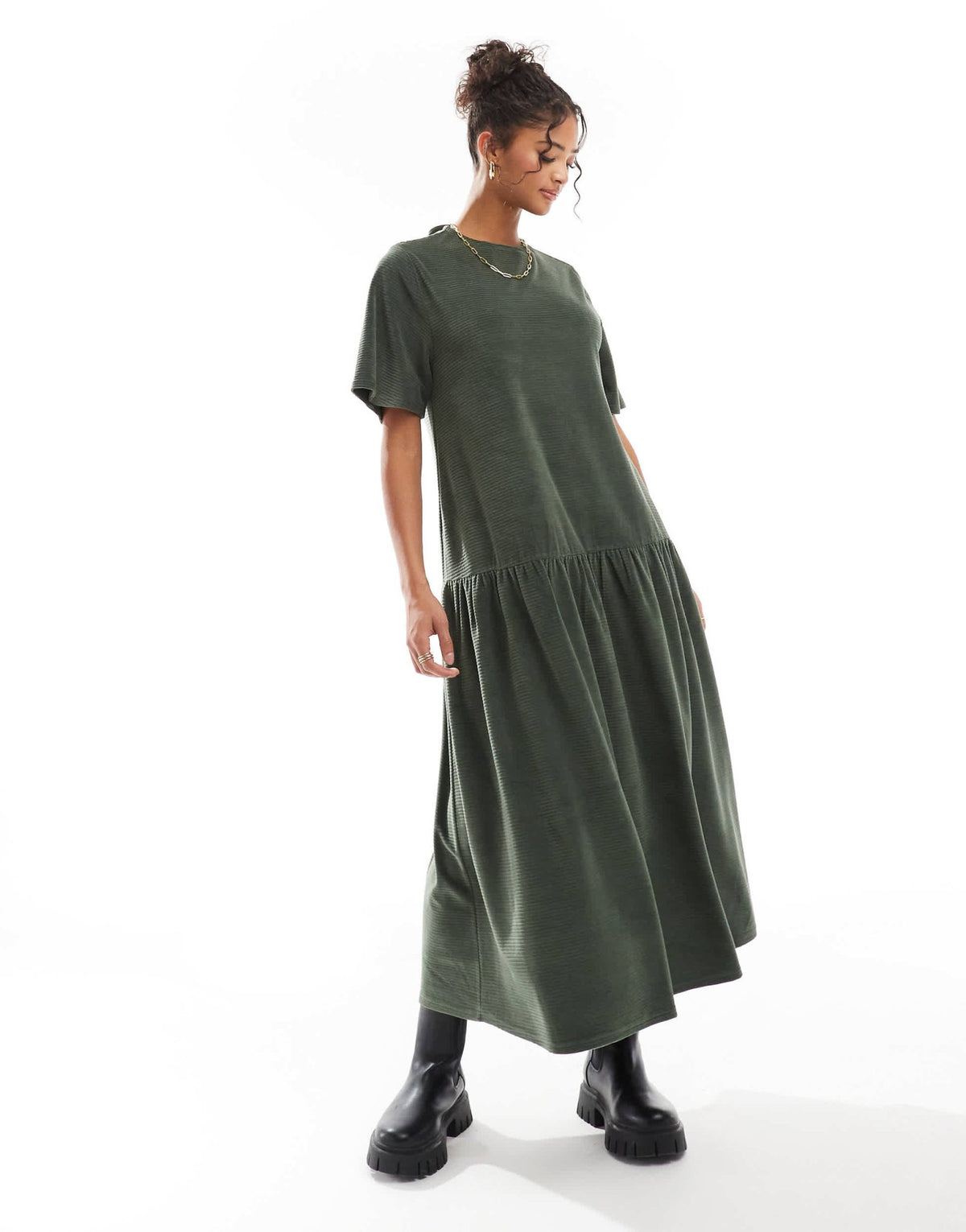 ASOS DESIGN tie back chunky cord flare hem midi dress in green - ASOS Sample Sale