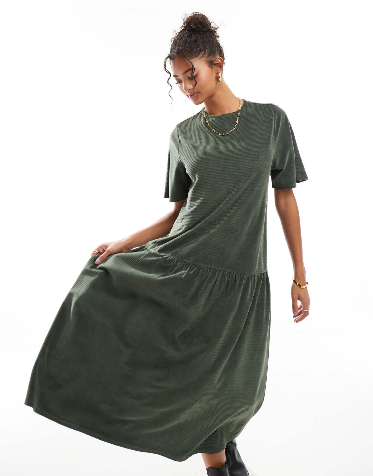 ASOS DESIGN tie back chunky cord flare hem midi dress in green - ASOS Sample Sale