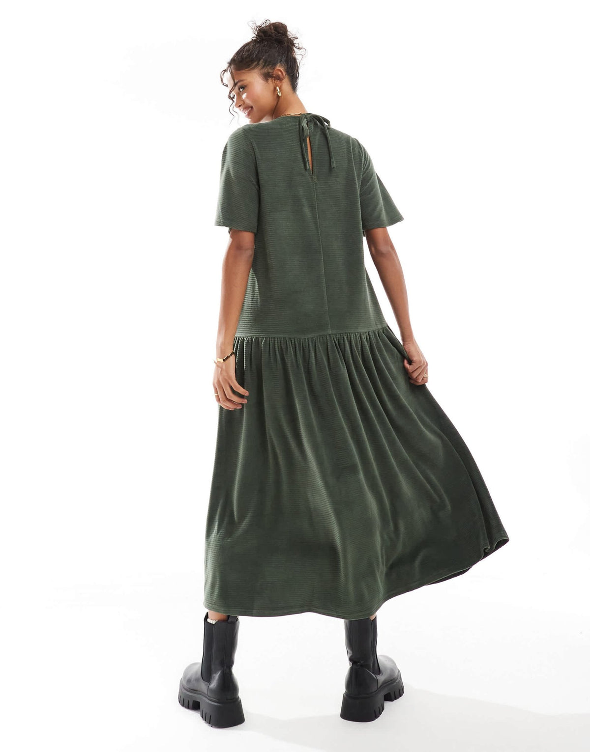 ASOS DESIGN tie back chunky cord flare hem midi dress in green - ASOS Sample Sale