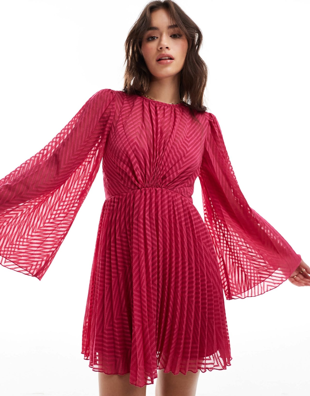 ASOS DESIGN tie back fluted sleeve pleated chevron chiffon mini dress in red - ASOS Sample Sale