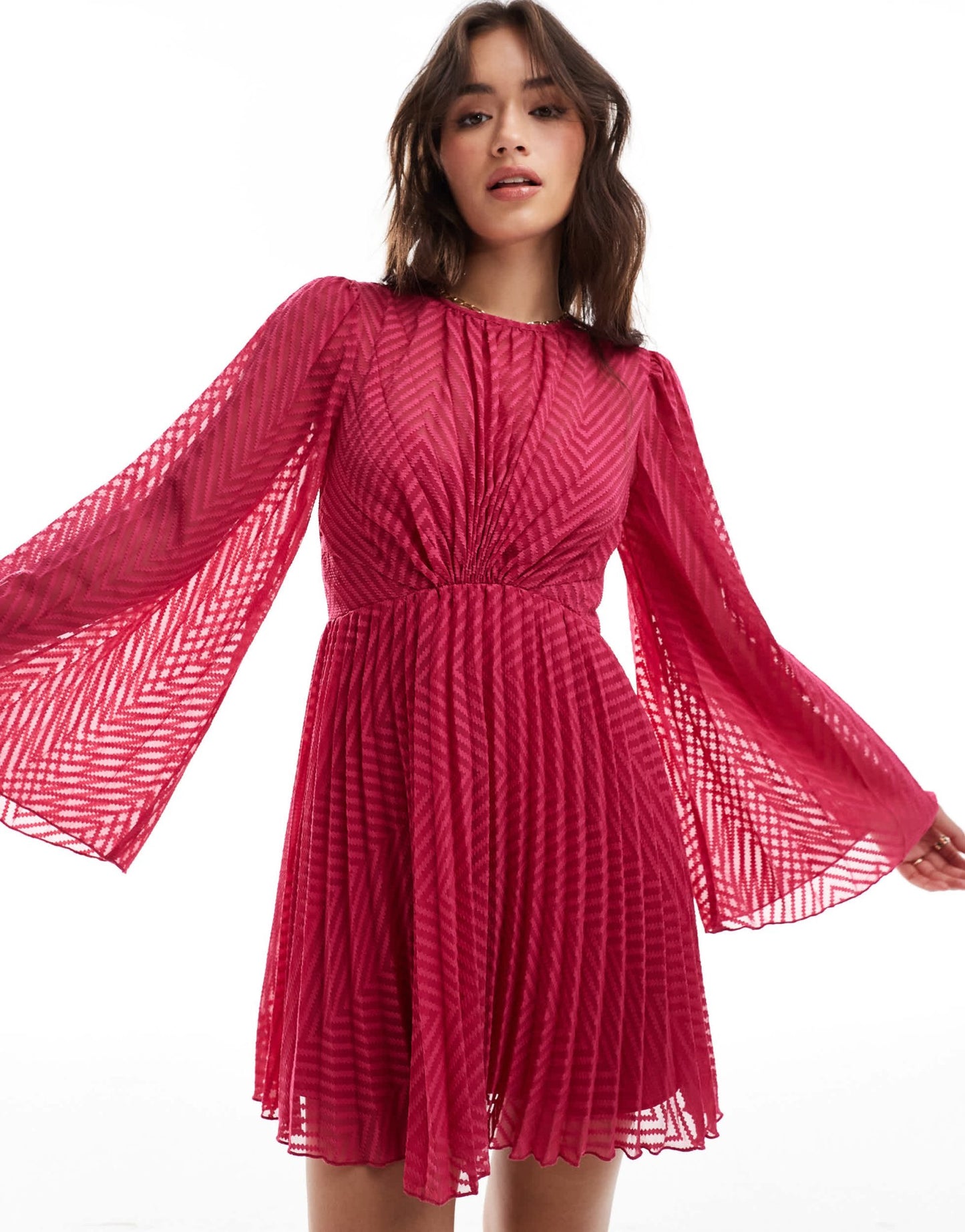 ASOS DESIGN tie back fluted sleeve pleated chevron chiffon mini dress in red - ASOS Sample Sale