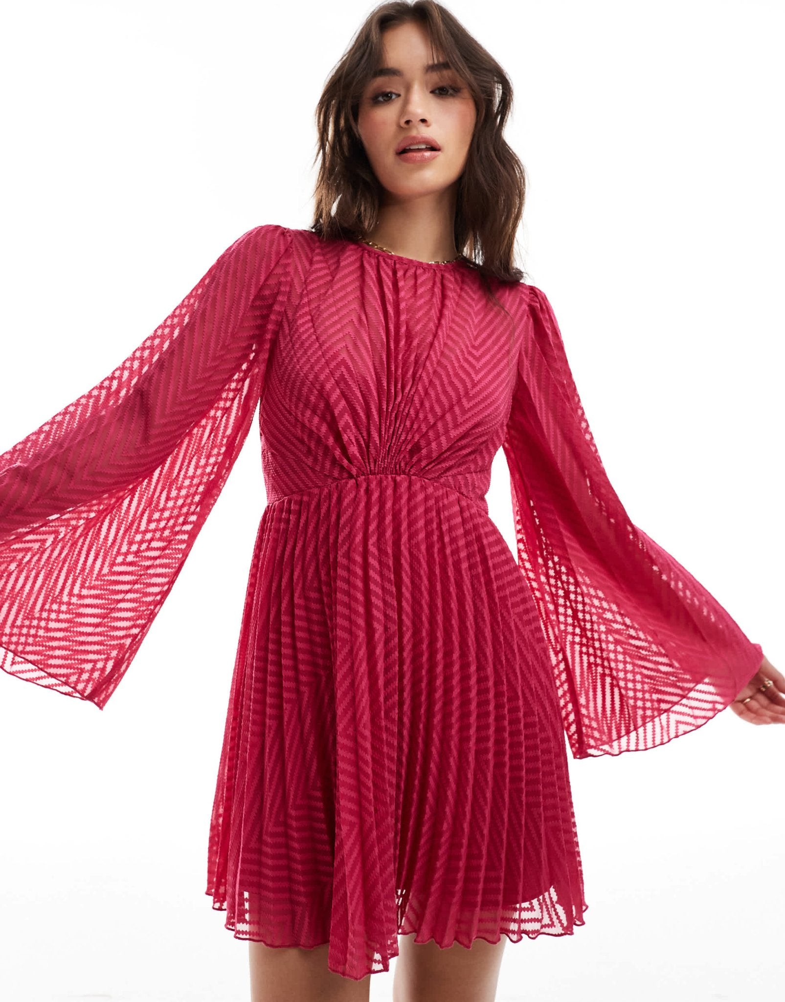 ASOS DESIGN tie back fluted sleeve pleated chevron chiffon mini dress in red - ASOS Sample Sale