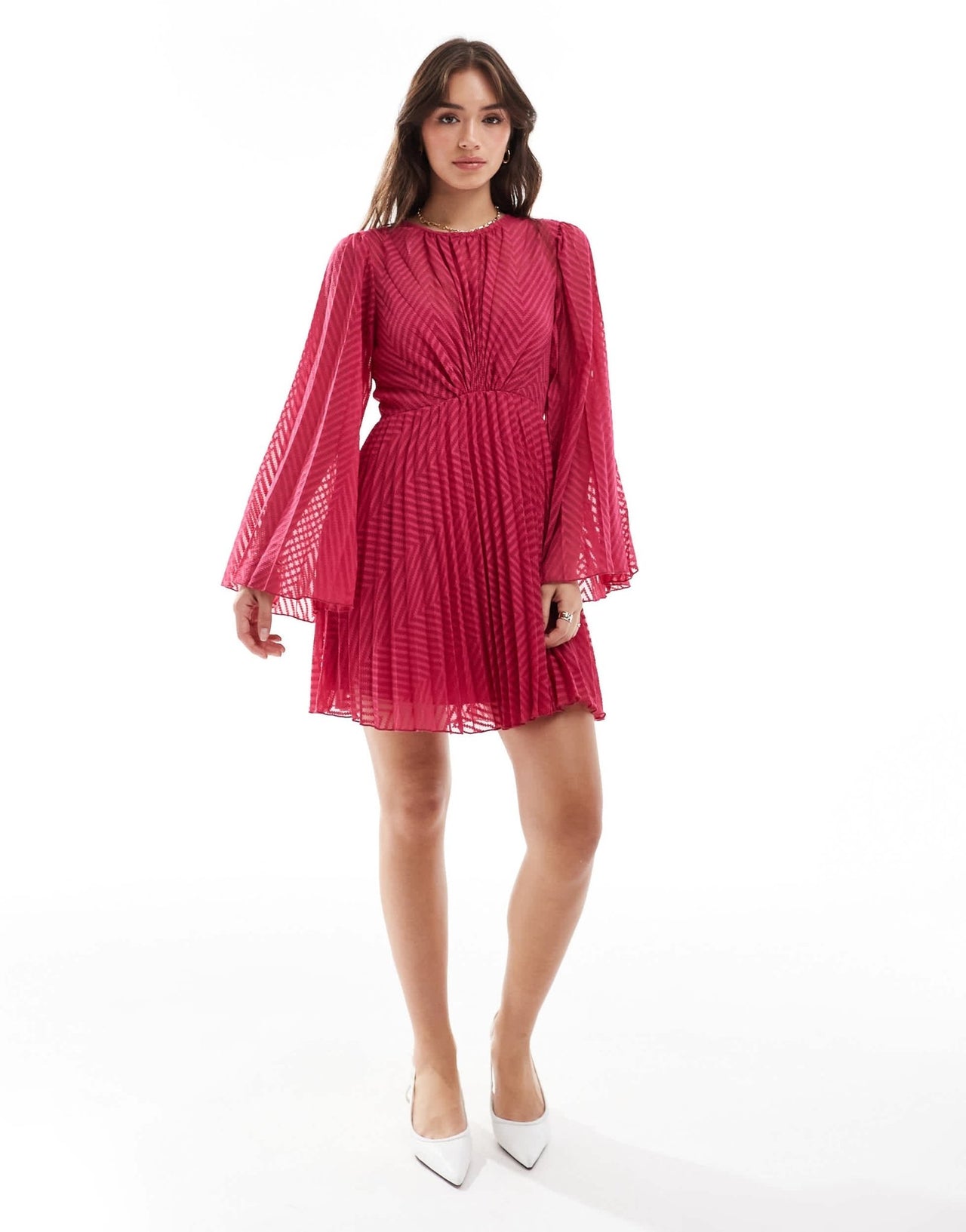 ASOS DESIGN tie back fluted sleeve pleated chevron chiffon mini dress in red - ASOS Sample Sale