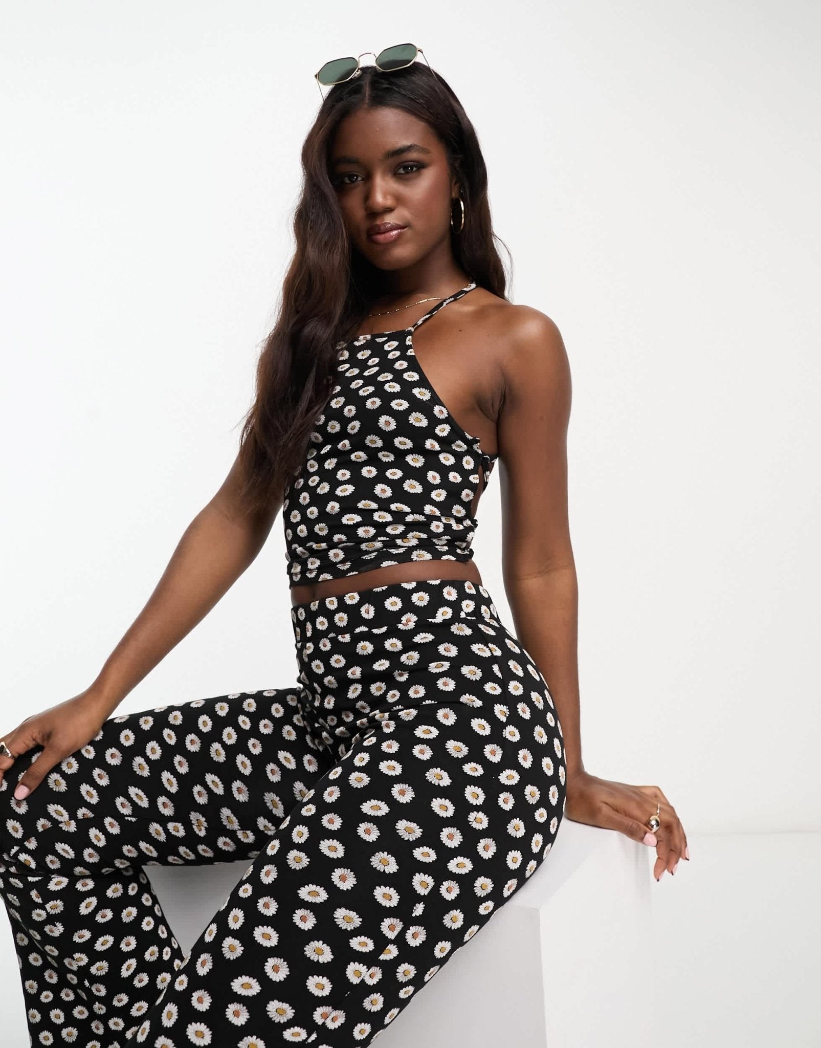 ASOS DESIGN tie back top co - ord in black based daisy print - ASOS Sample Sale