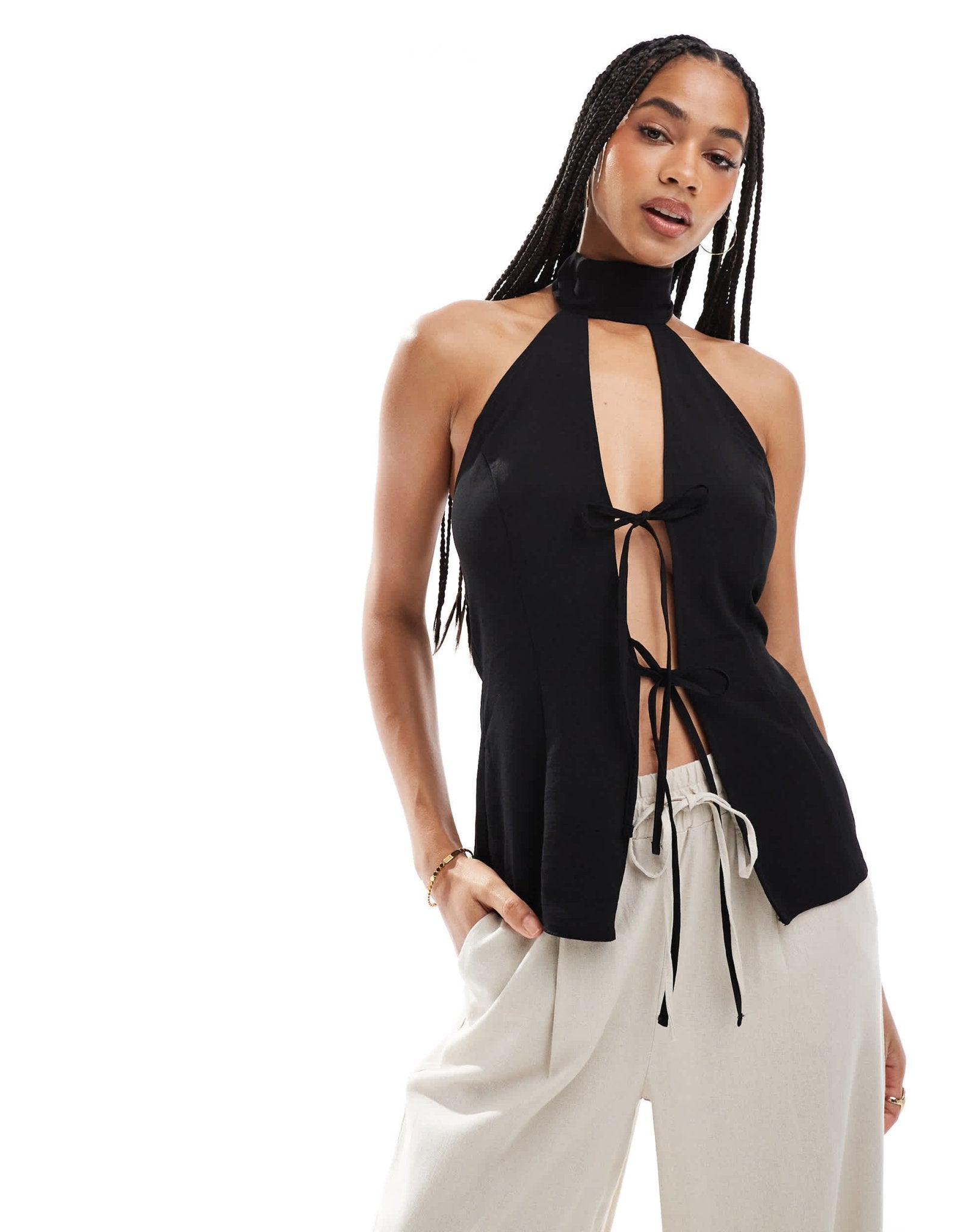 ASOS DESIGN tie detail halter top in black - ASOS Sample Sale
