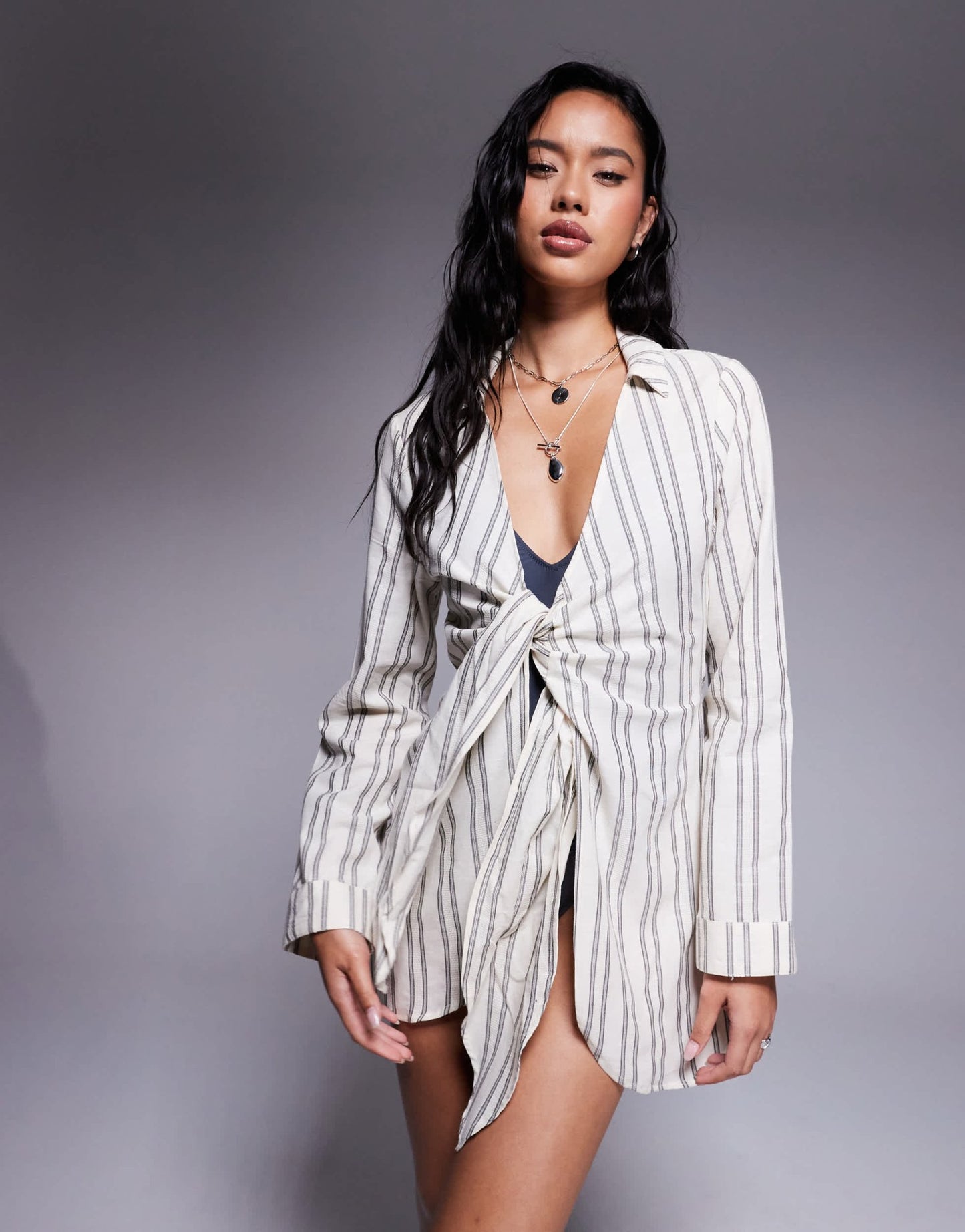 ASOS DESIGN tie front beach shirt dress in neutral stripe - ASOS Sample Sale