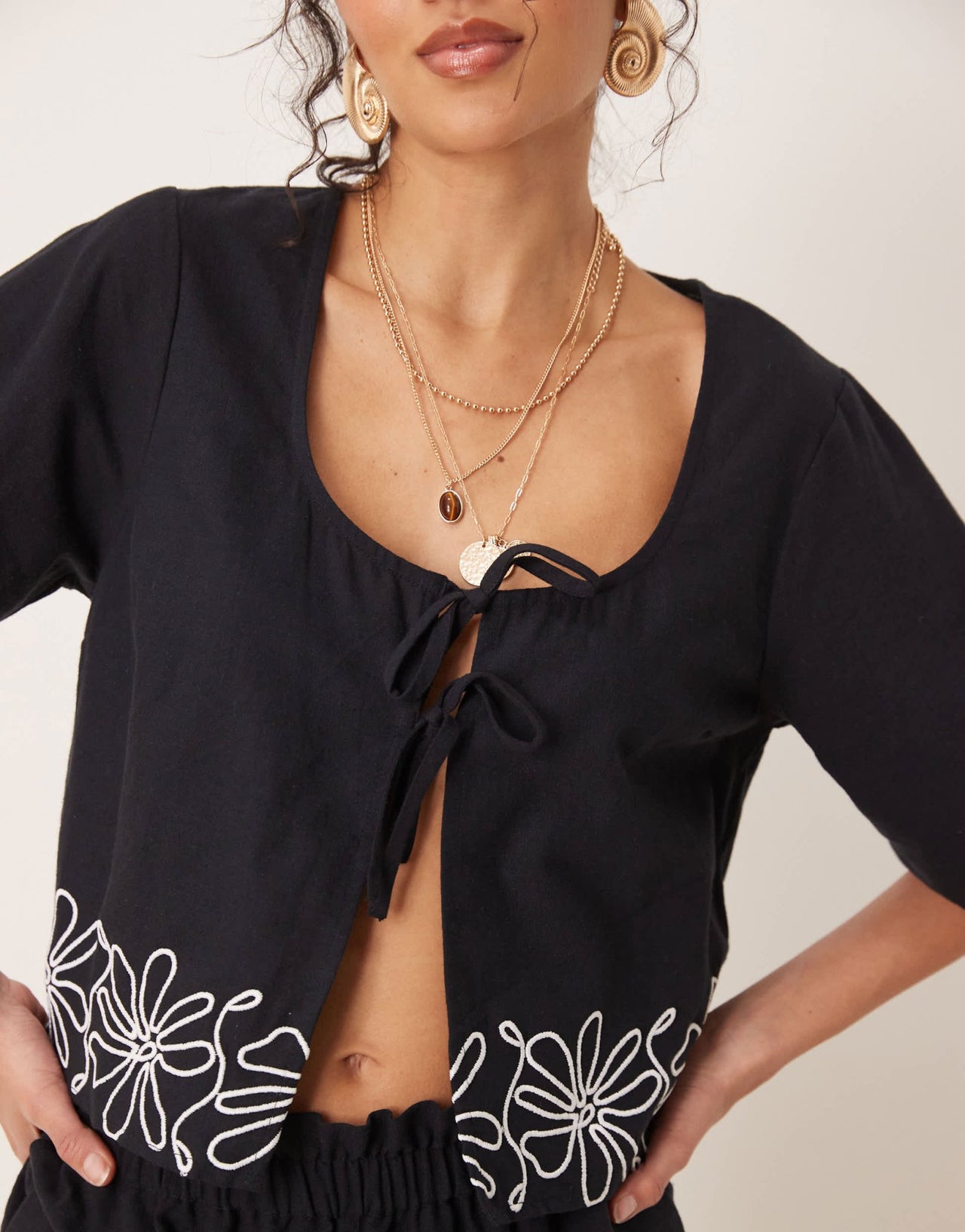 ASOS DESIGN tie front embroidered top co-ord in black - ASOS Sample Sale