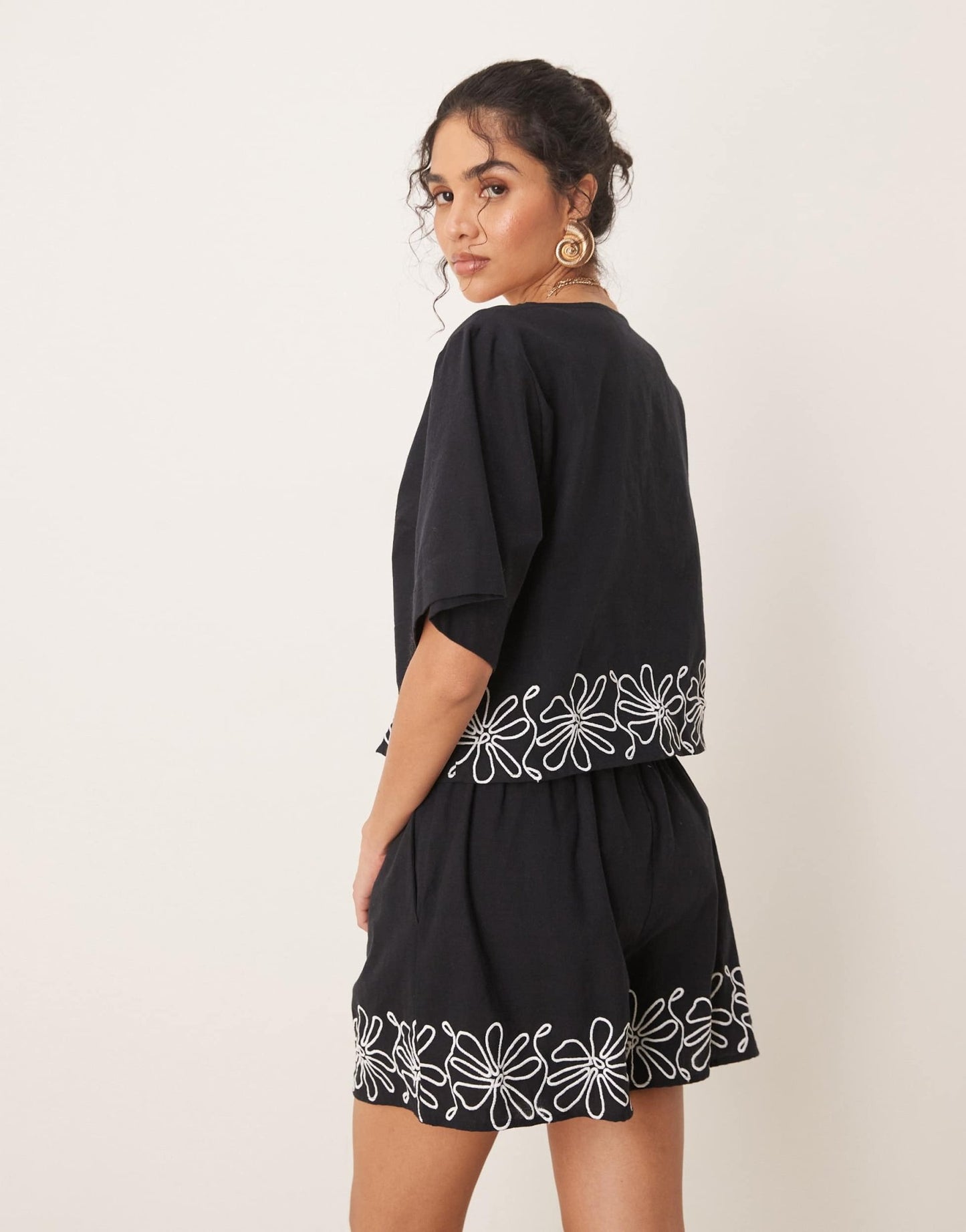 ASOS DESIGN tie front embroidered top co-ord in black - ASOS Sample Sale