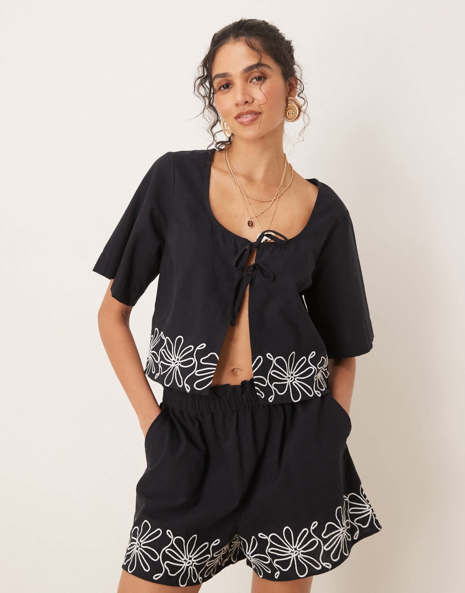 ASOS DESIGN tie front embroidered top co-ord in black - ASOS Sample Sale