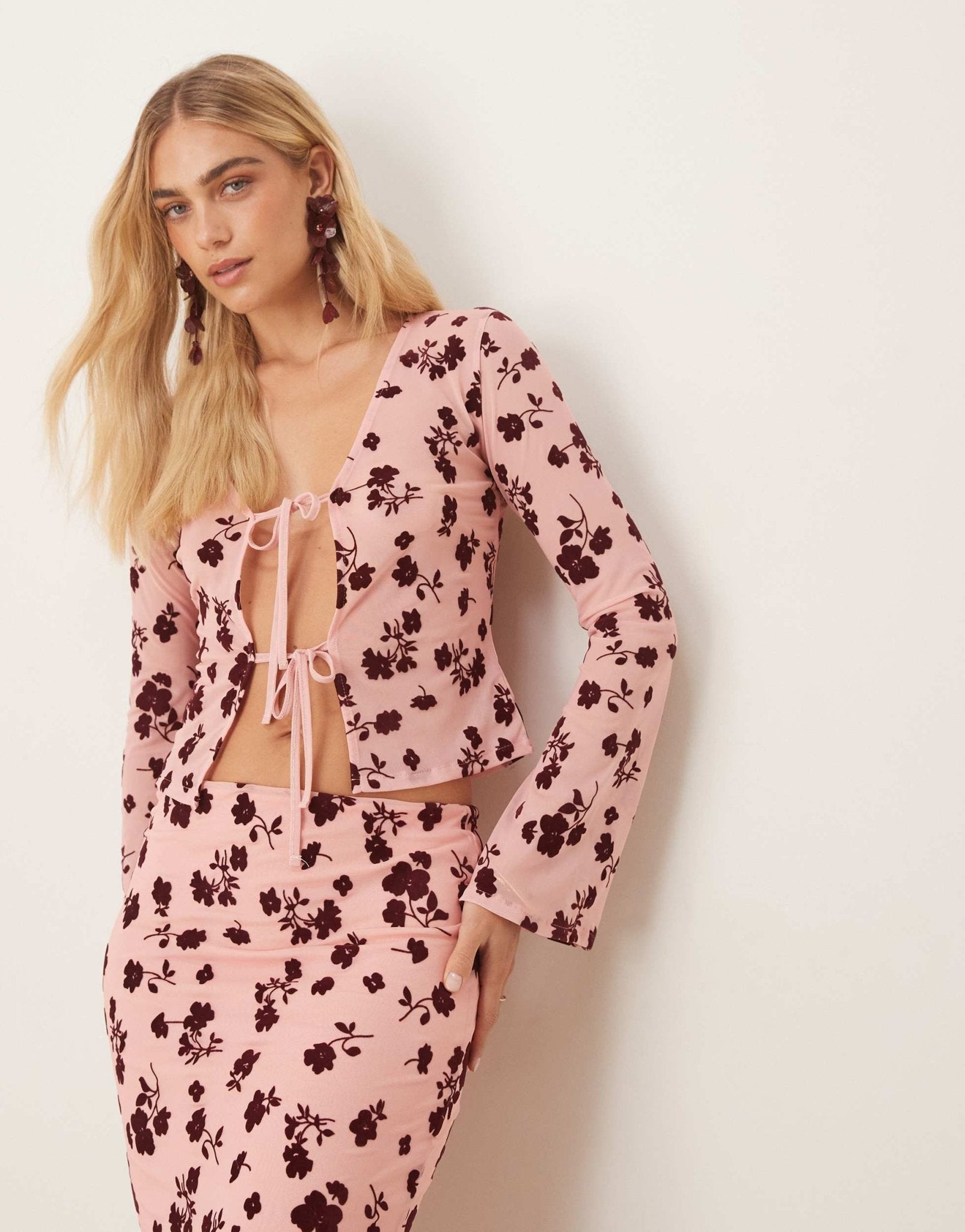 ASOS DESIGN tie front floral flocked sheer top co ord in pink - ASOS Sample Sale