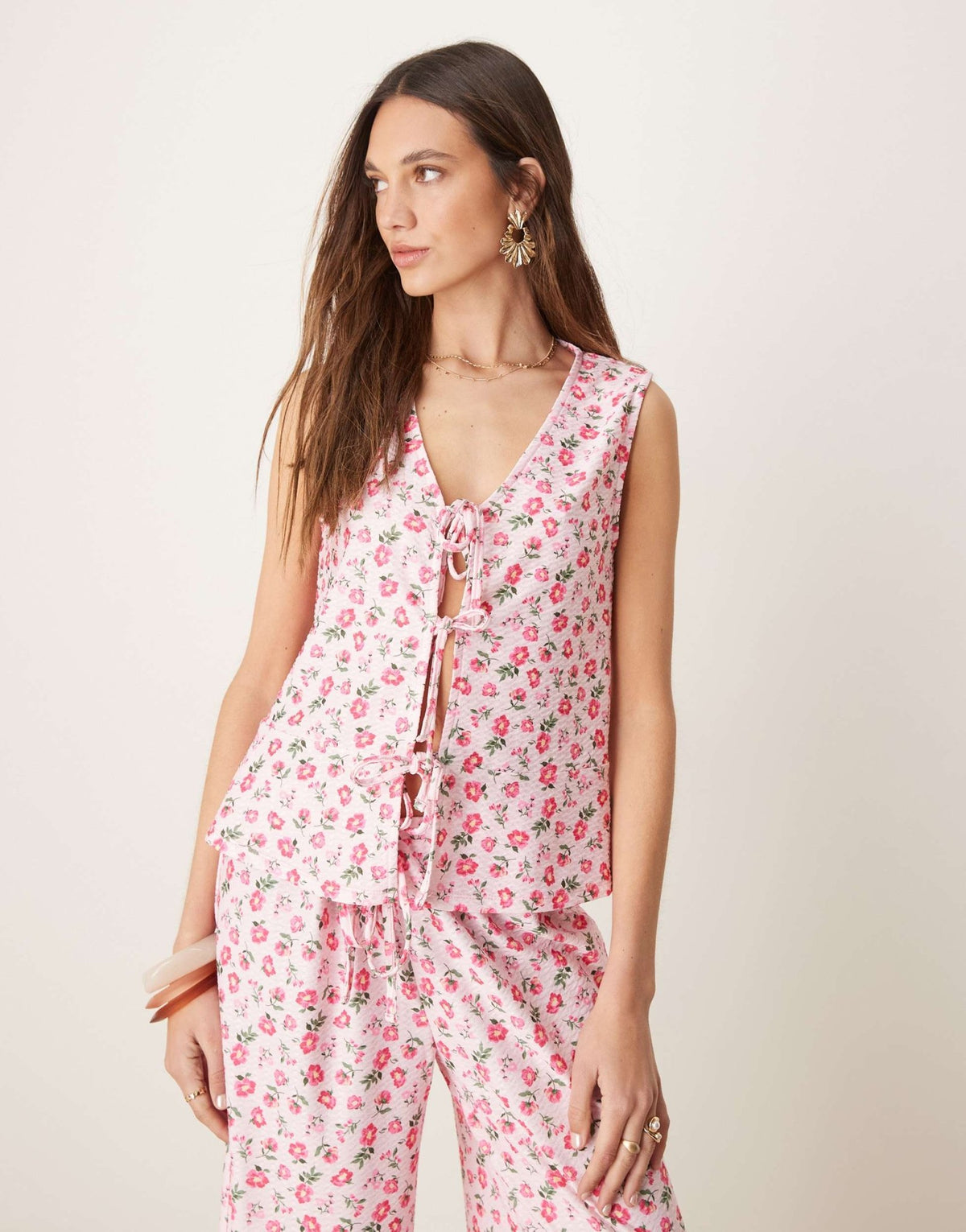 ASOS DESIGN tie front frilly waistcoat co-ord in pink ditsy floral - ASOS Sample Sale