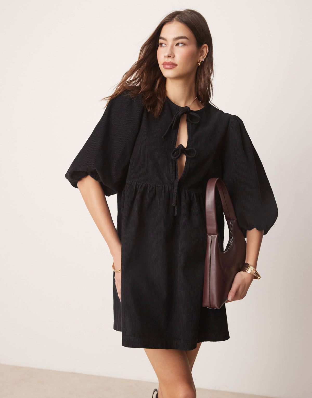 ASOS DESIGN tie front mini dress in corduroy in black - ASOS Sample Sale