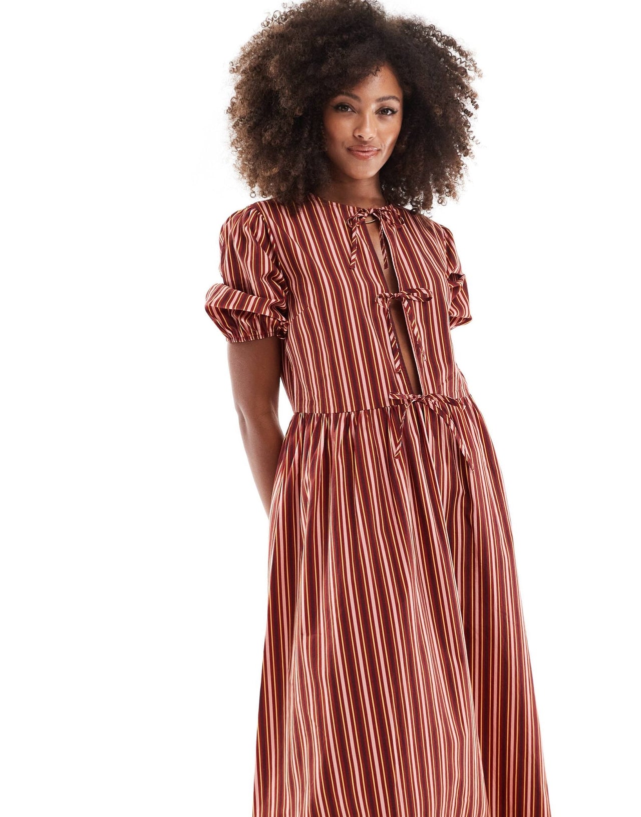 ASOS DESIGN tie front puff sleeve maxi dress in brown stripe - ASOS Sample Sale