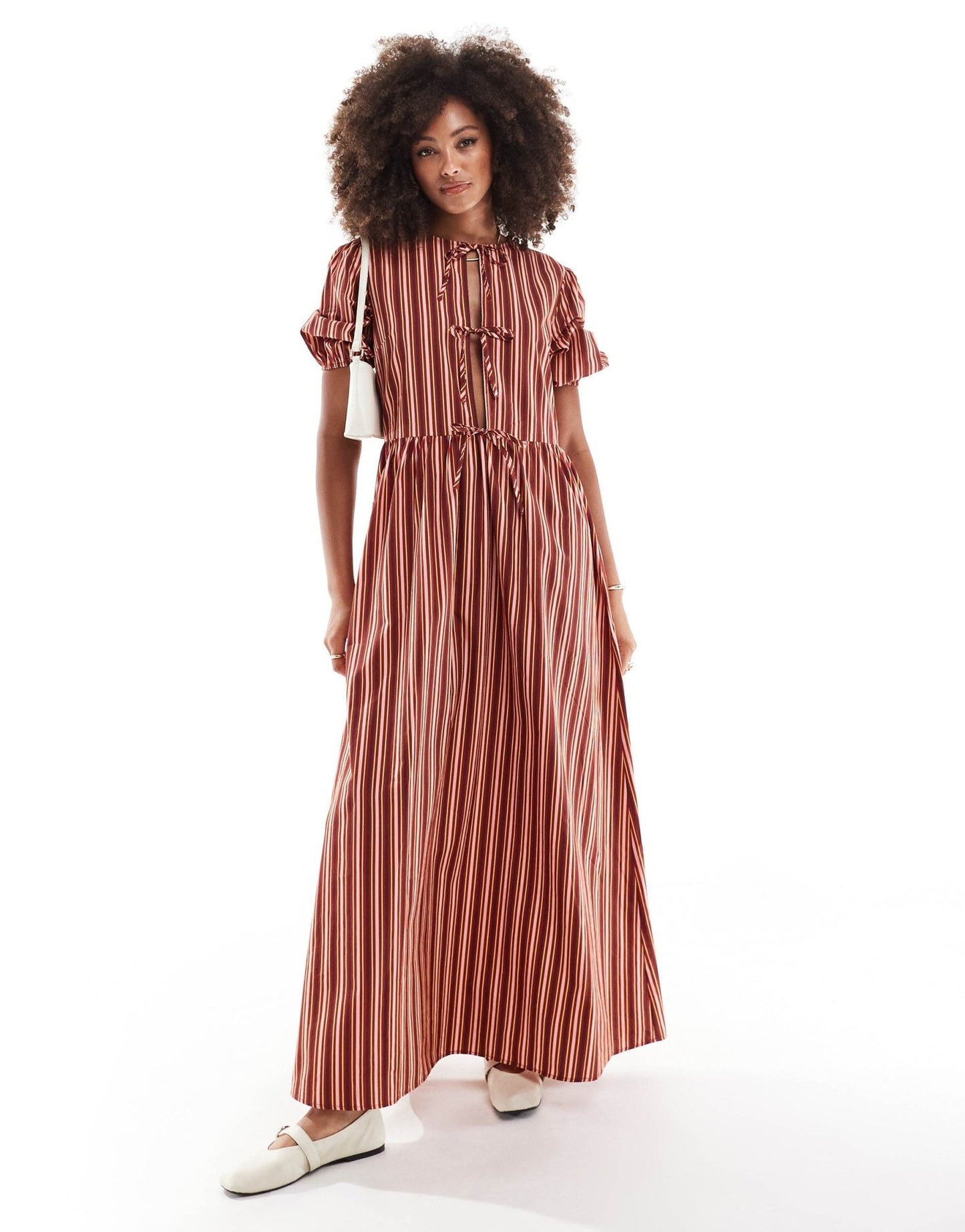 ASOS DESIGN tie front puff sleeve maxi dress in brown stripe - ASOS Sample Sale