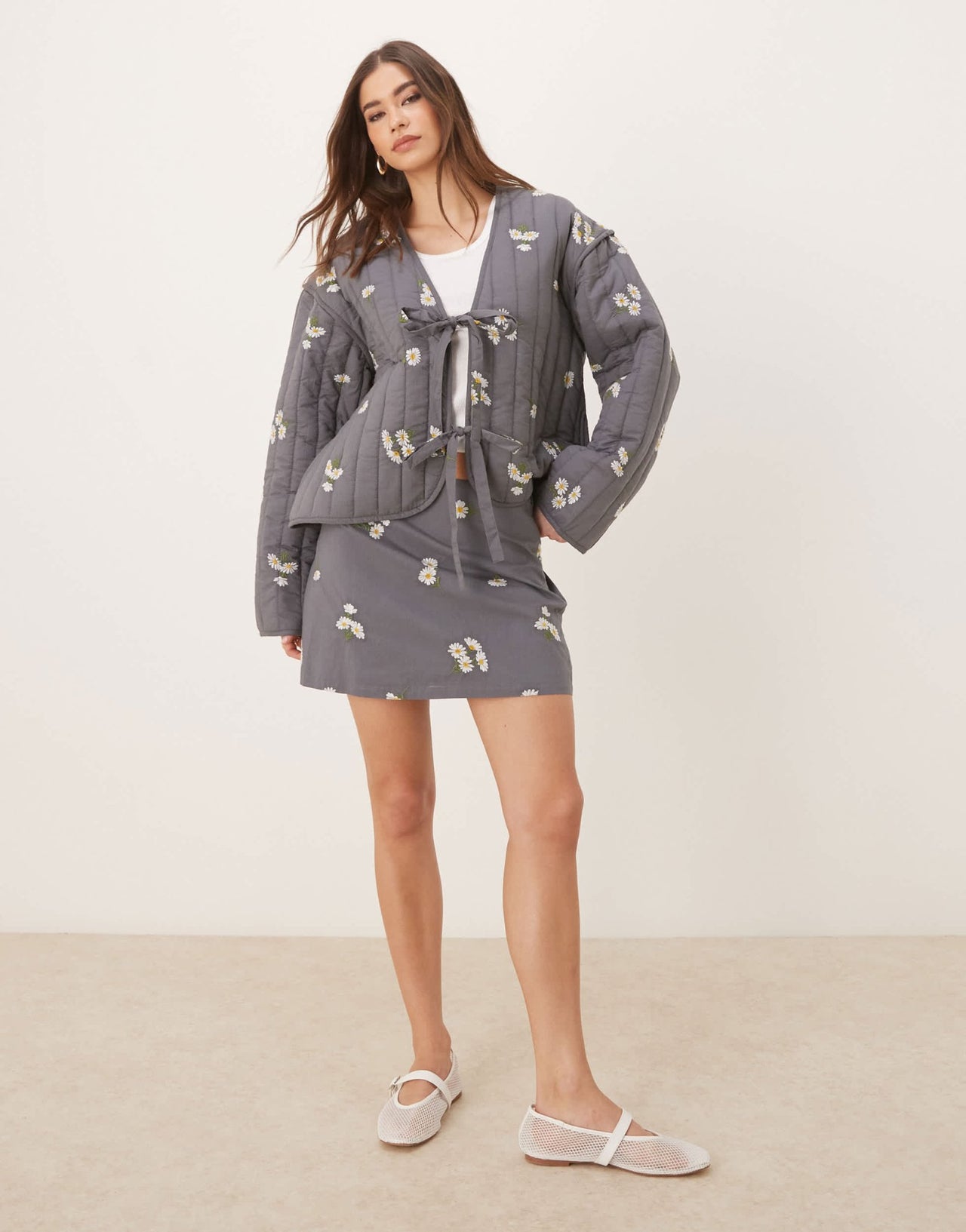 ASOS DESIGN tie front quilted embroidered jacket in washed grey - ASOS Sample Sale