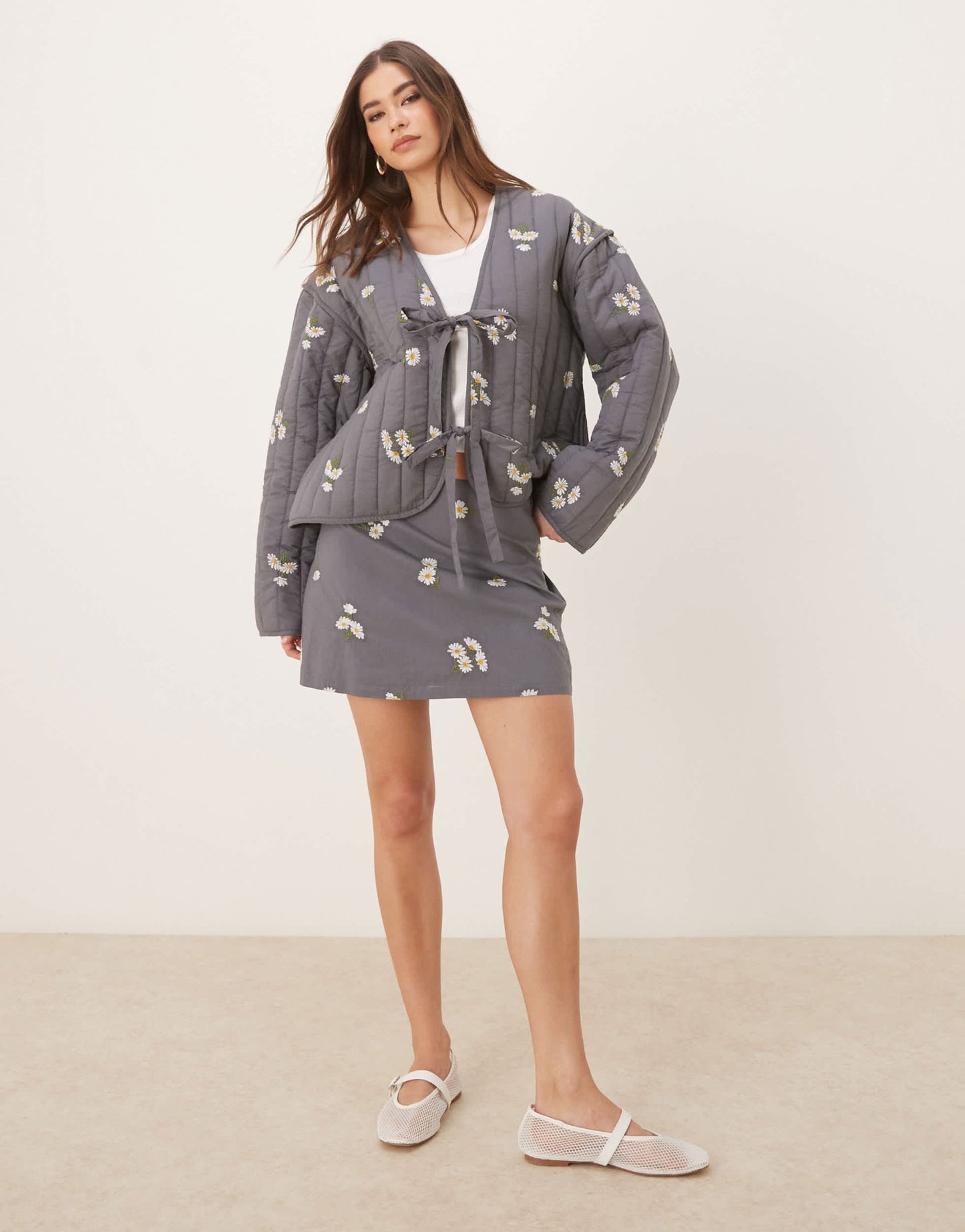 ASOS DESIGN tie front quilted embroidered jacket in washed grey - ASOS Sample Sale