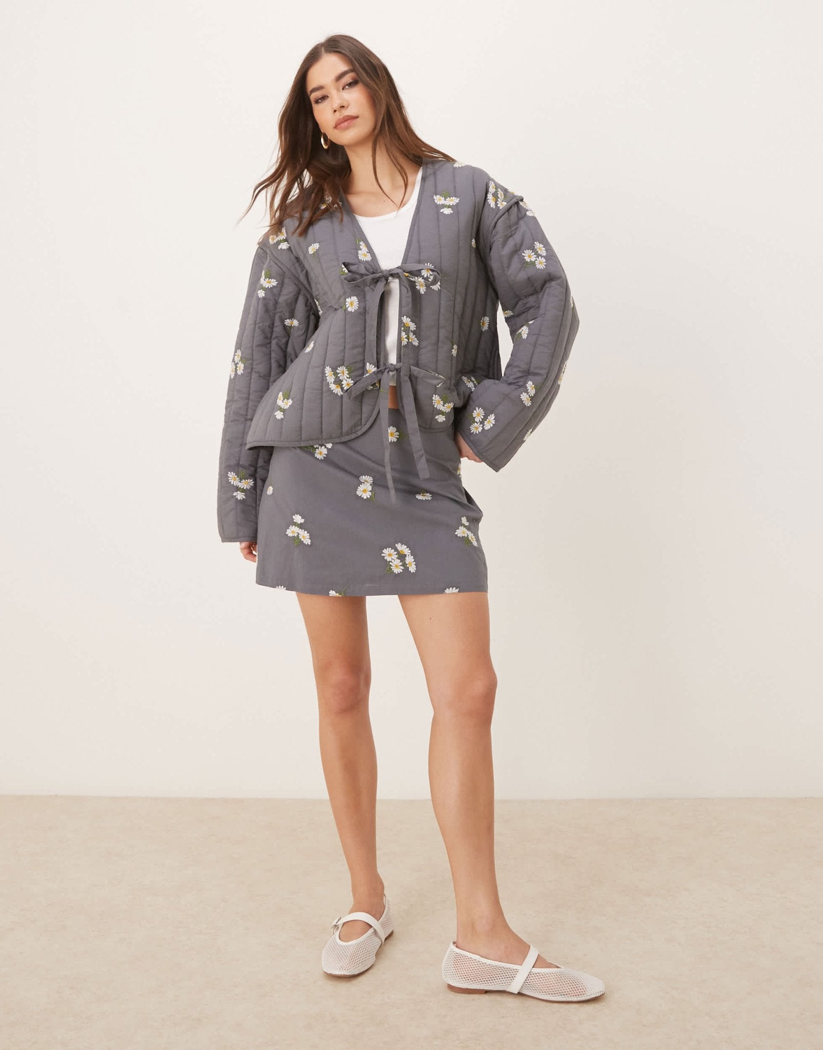 ASOS DESIGN tie front quilted embroidered jacket in washed grey - ASOS Sample Sale