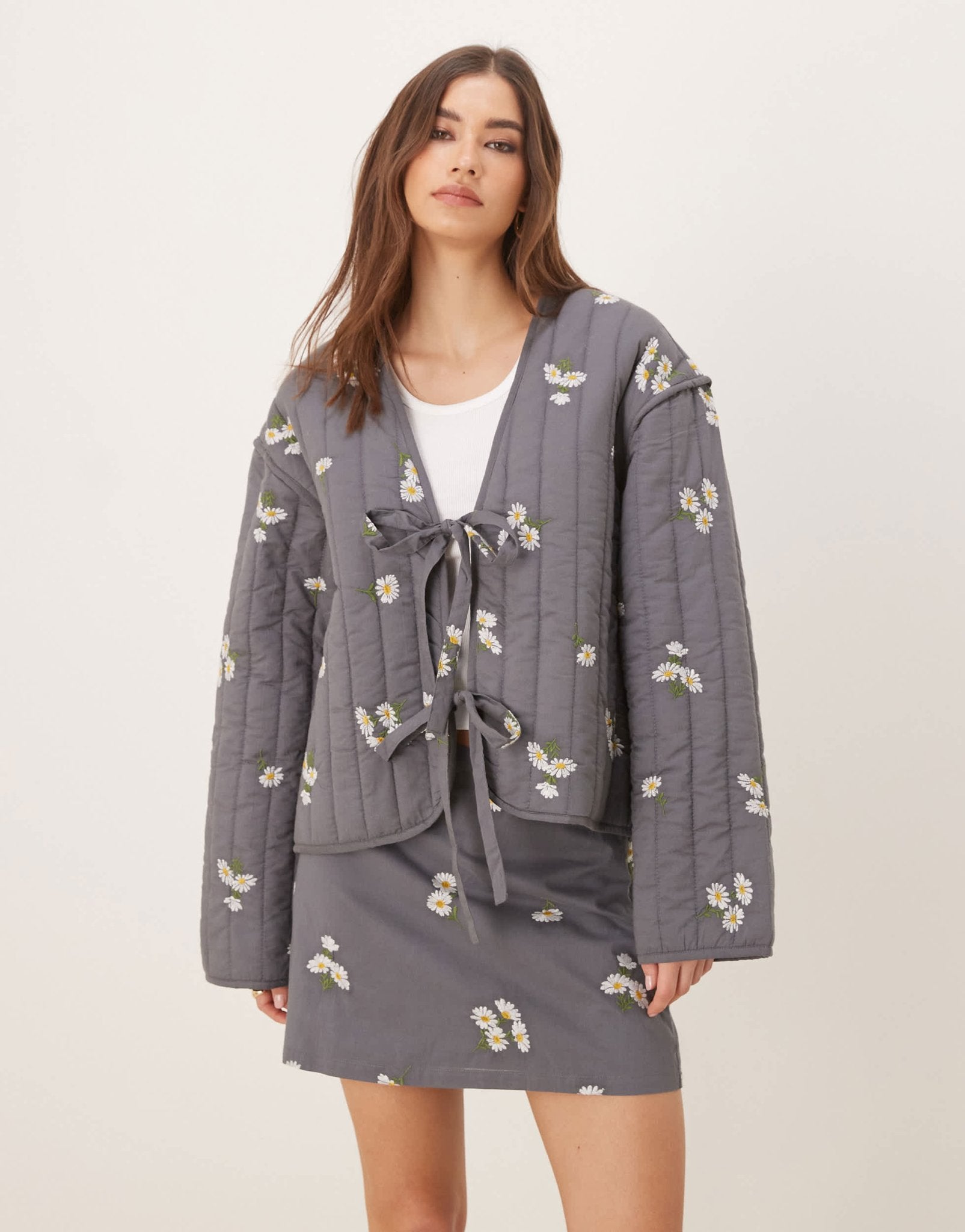 ASOS DESIGN tie front quilted embroidered jacket in washed grey - ASOS Sample Sale