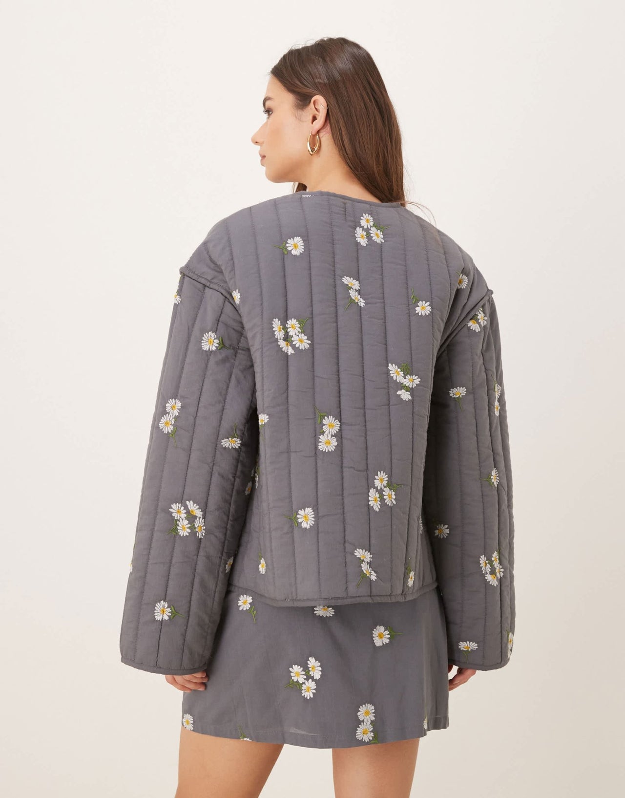 ASOS DESIGN tie front quilted embroidered jacket in washed grey - ASOS Sample Sale