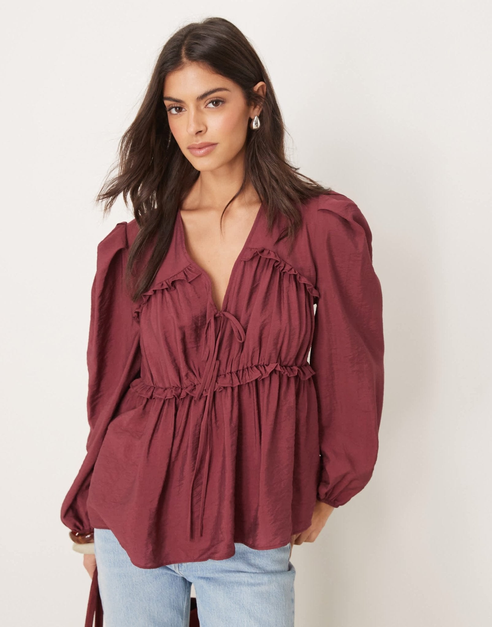 ASOS DESIGN tie front ruched detail top in burgundy - ASOS Sample Sale