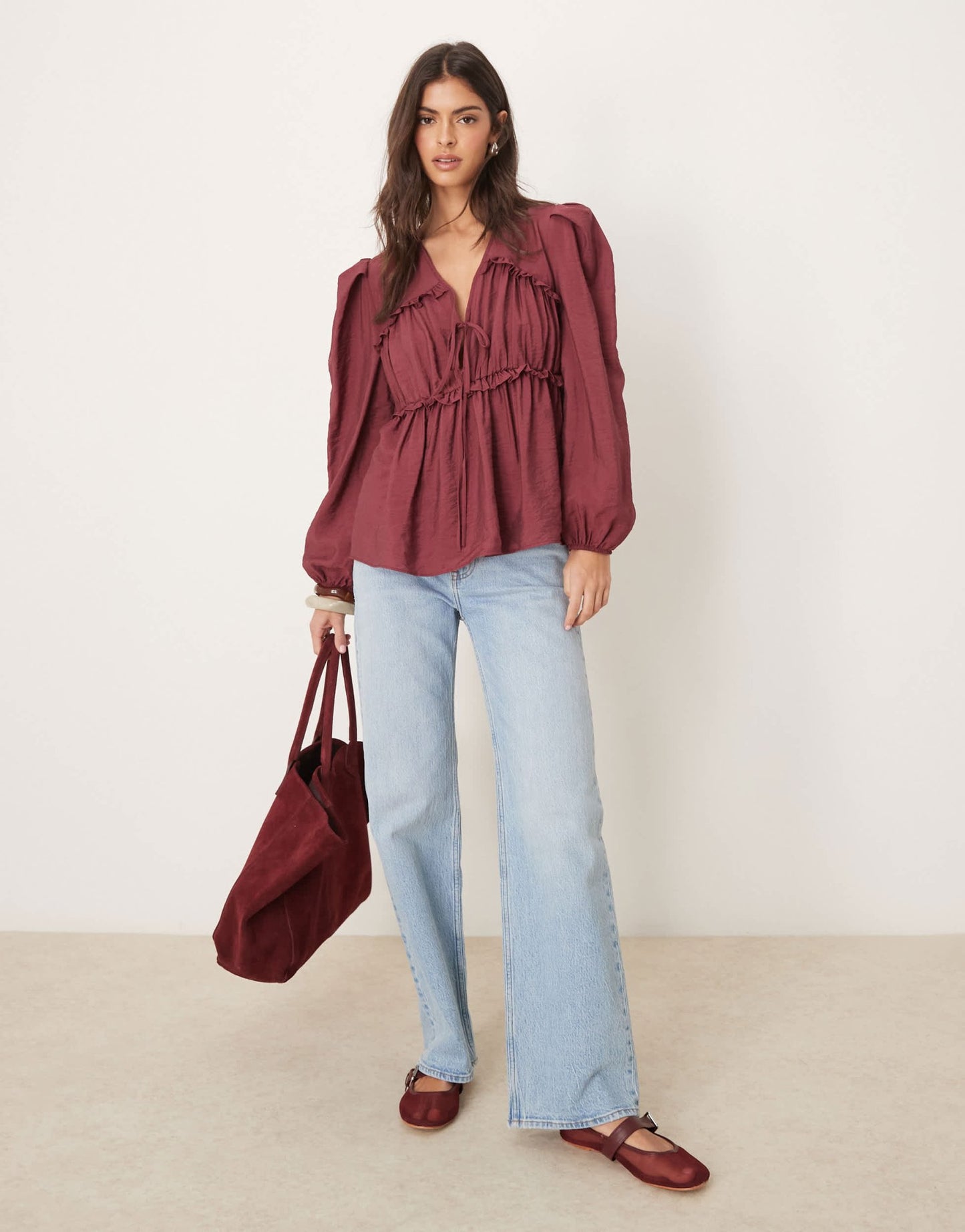 ASOS DESIGN tie front ruched detail top in burgundy - ASOS Sample Sale