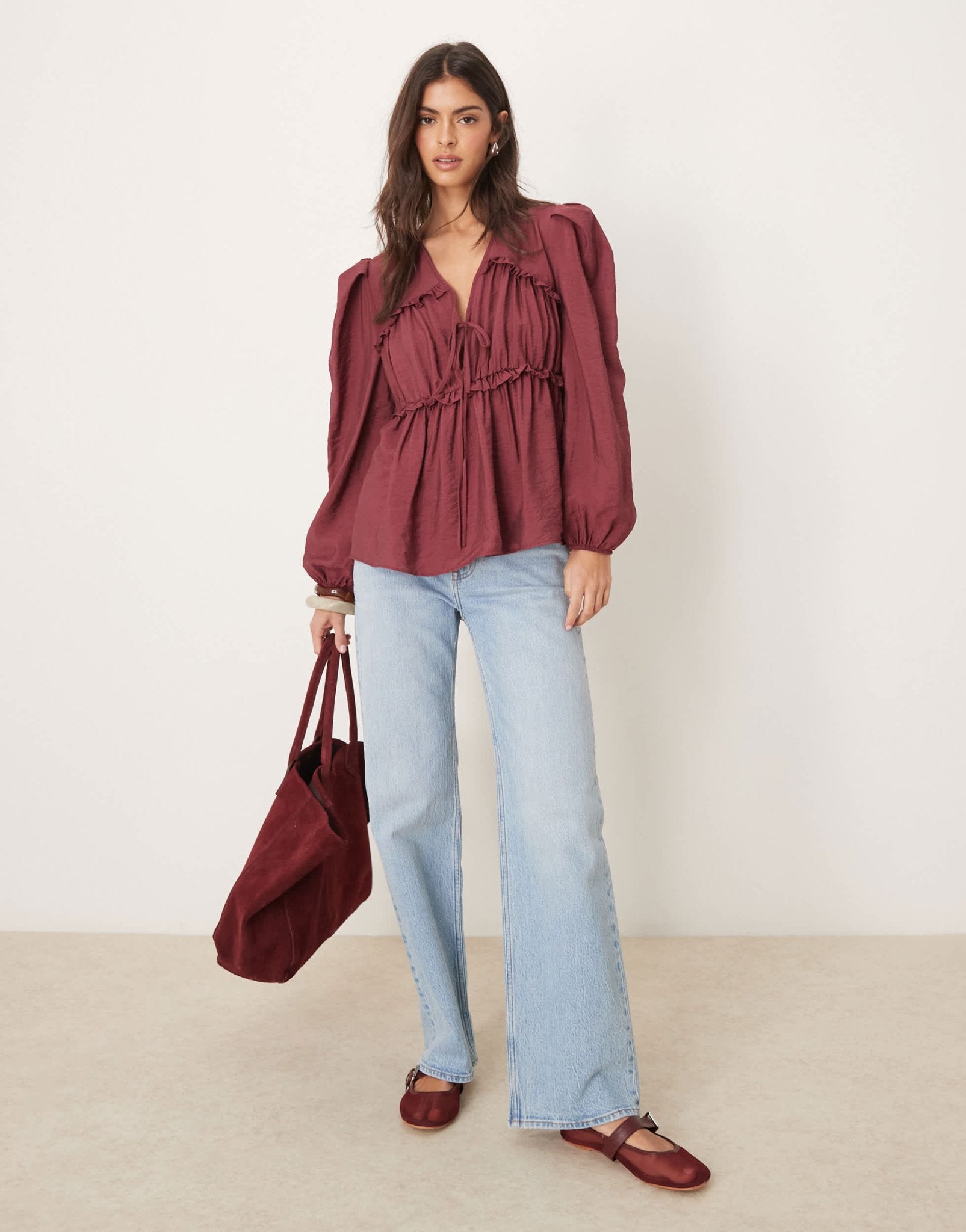ASOS DESIGN tie front ruched detail top in burgundy - ASOS Sample Sale
