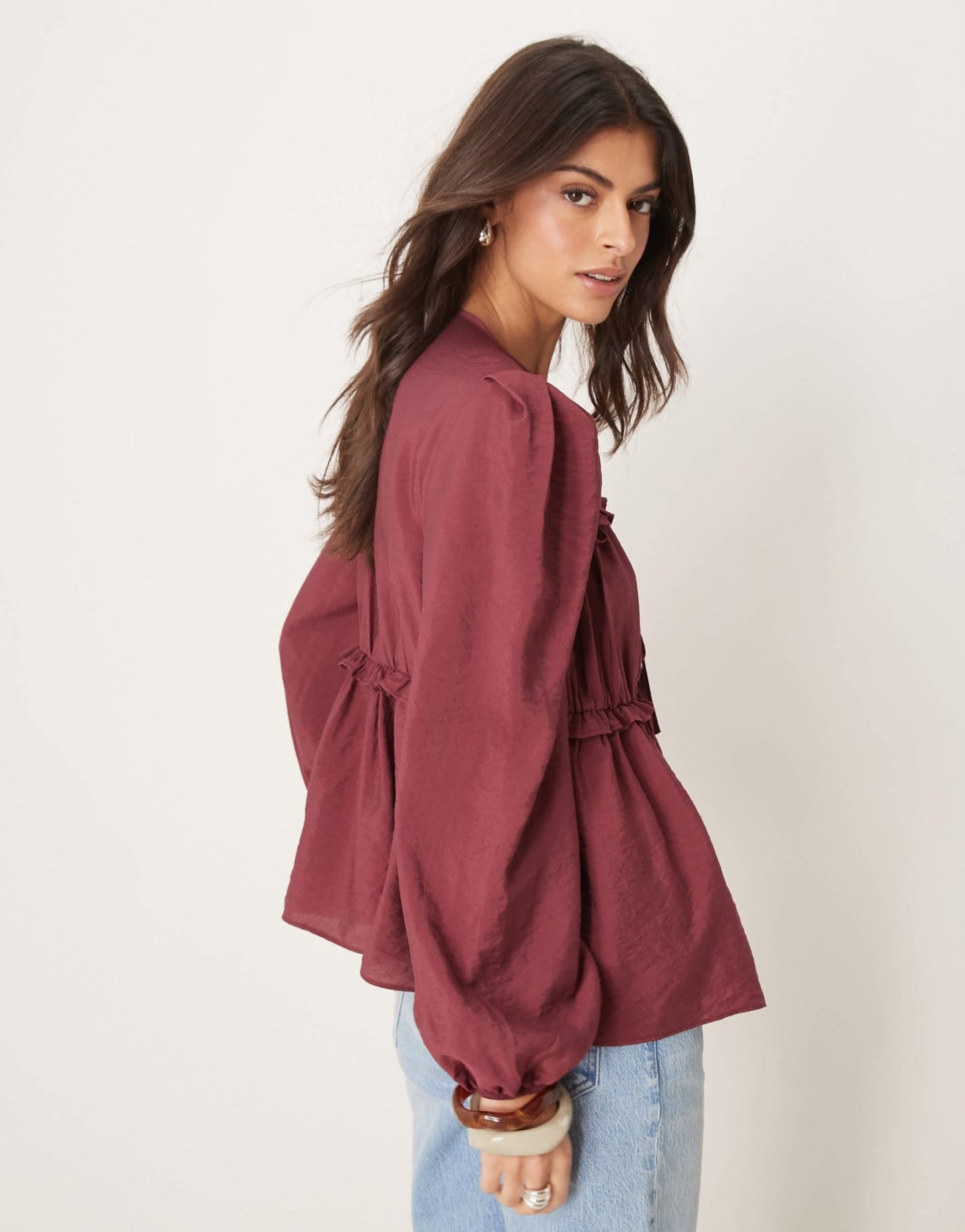 ASOS DESIGN tie front ruched detail top in burgundy - ASOS Sample Sale