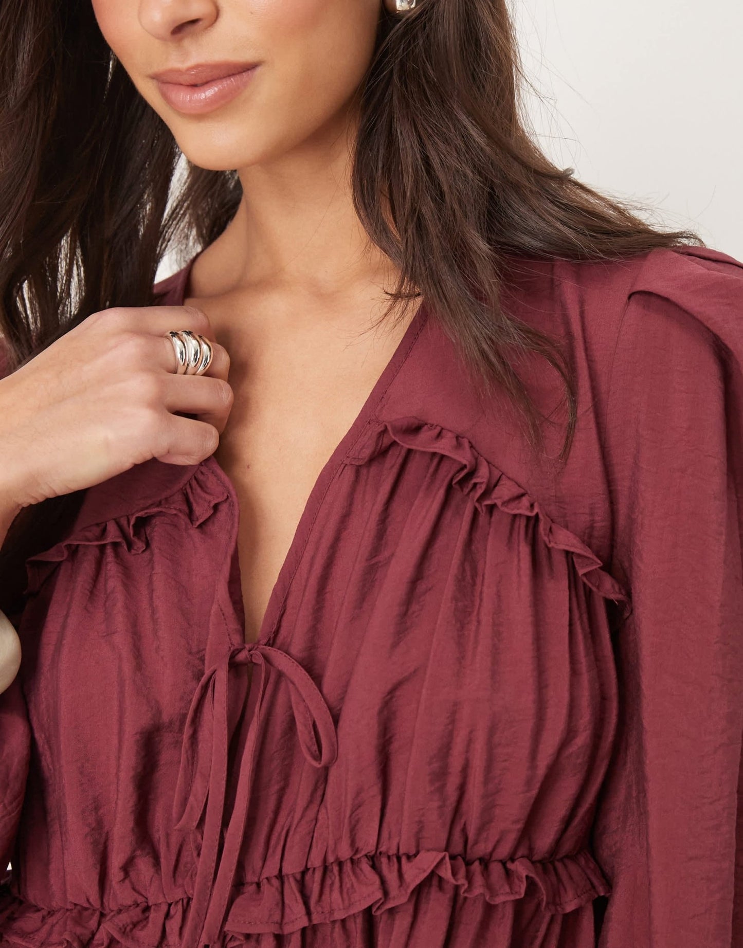 ASOS DESIGN tie front ruched detail top in burgundy - ASOS Sample Sale