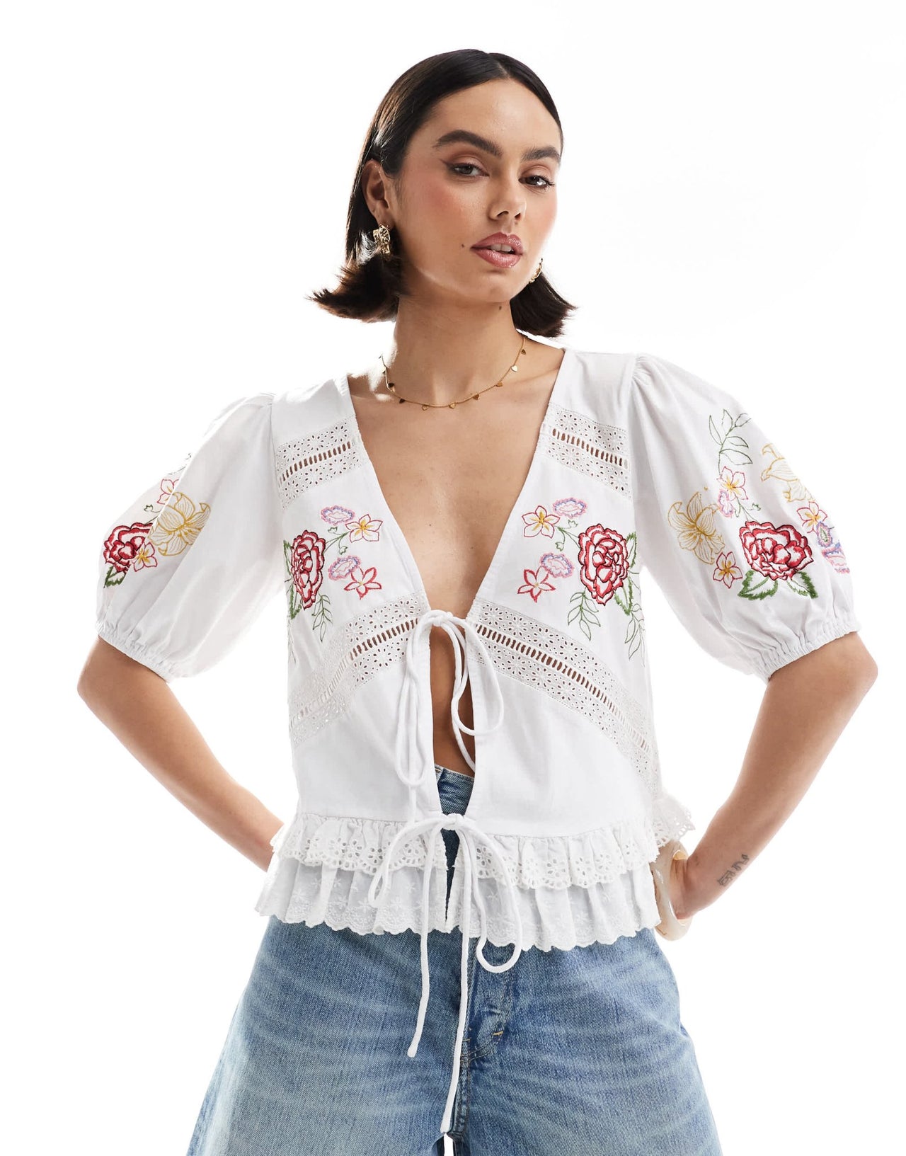 ASOS DESIGN tie front top with floral embroidery - ASOS Sample Sale