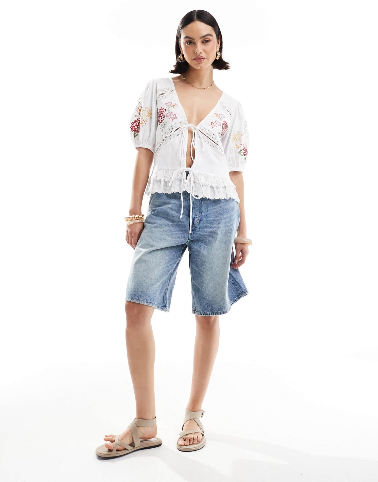 ASOS DESIGN tie front top with floral embroidery - ASOS Sample Sale