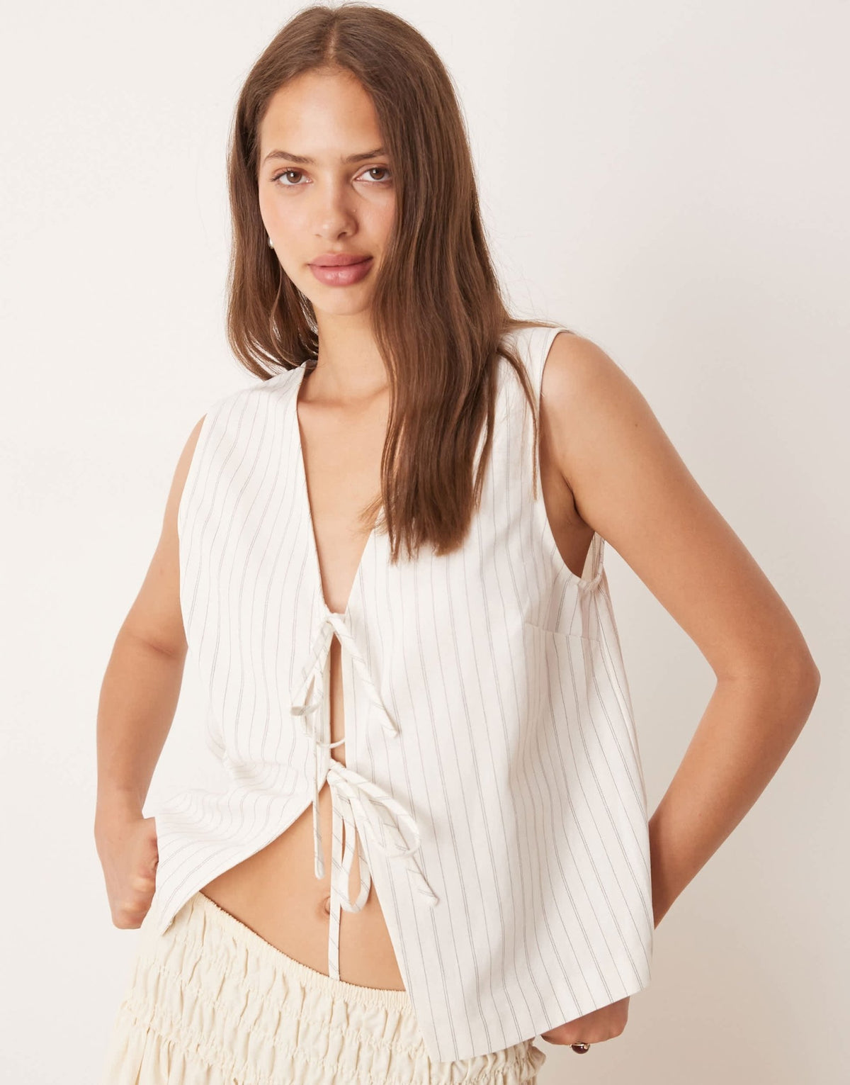 ASOS DESIGN tie front waistcoat with linen in ecru stripe - ASOS Sample Sale