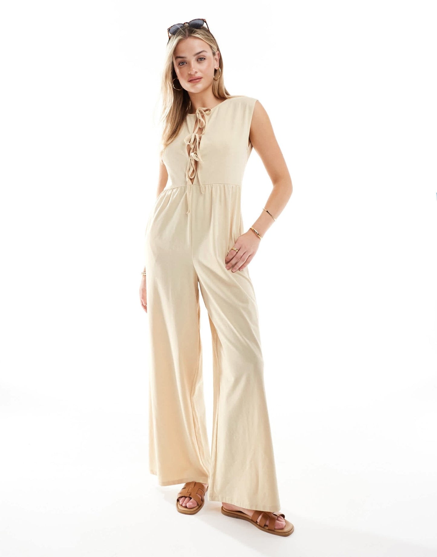 ASOS DESIGN tie front wide leg jumpsuit in stone - ASOS Sample Sale