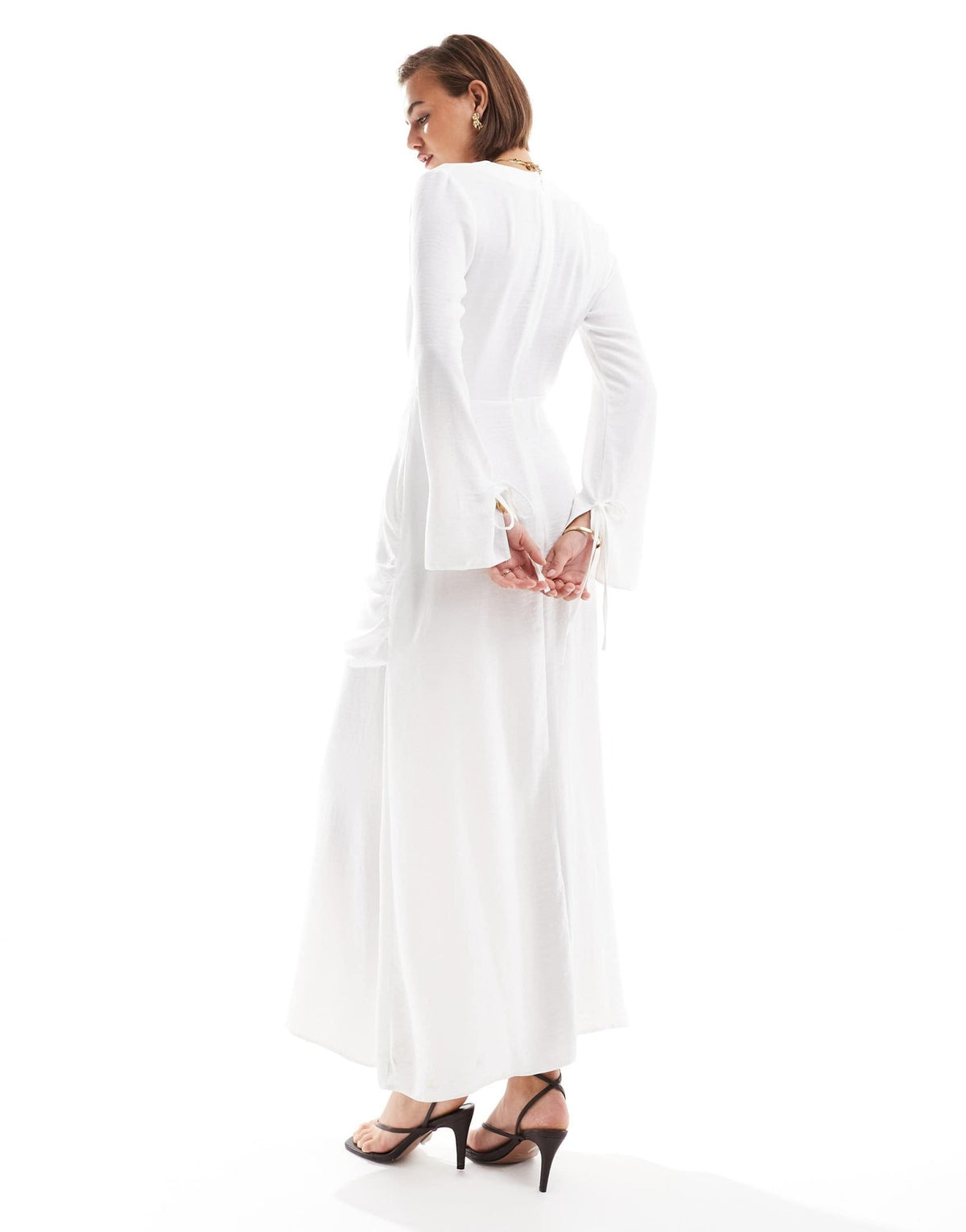 ASOS DESIGN tie up ruched long sleeve maxi dress in white - ASOS Sample Sale