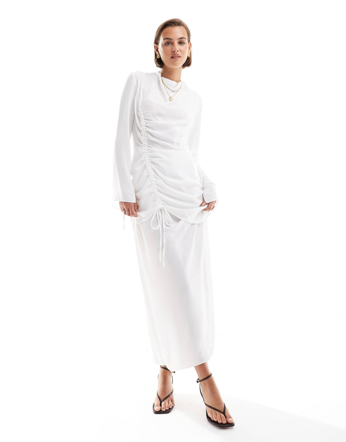 ASOS DESIGN tie up ruched long sleeve maxi dress in white - ASOS Sample Sale