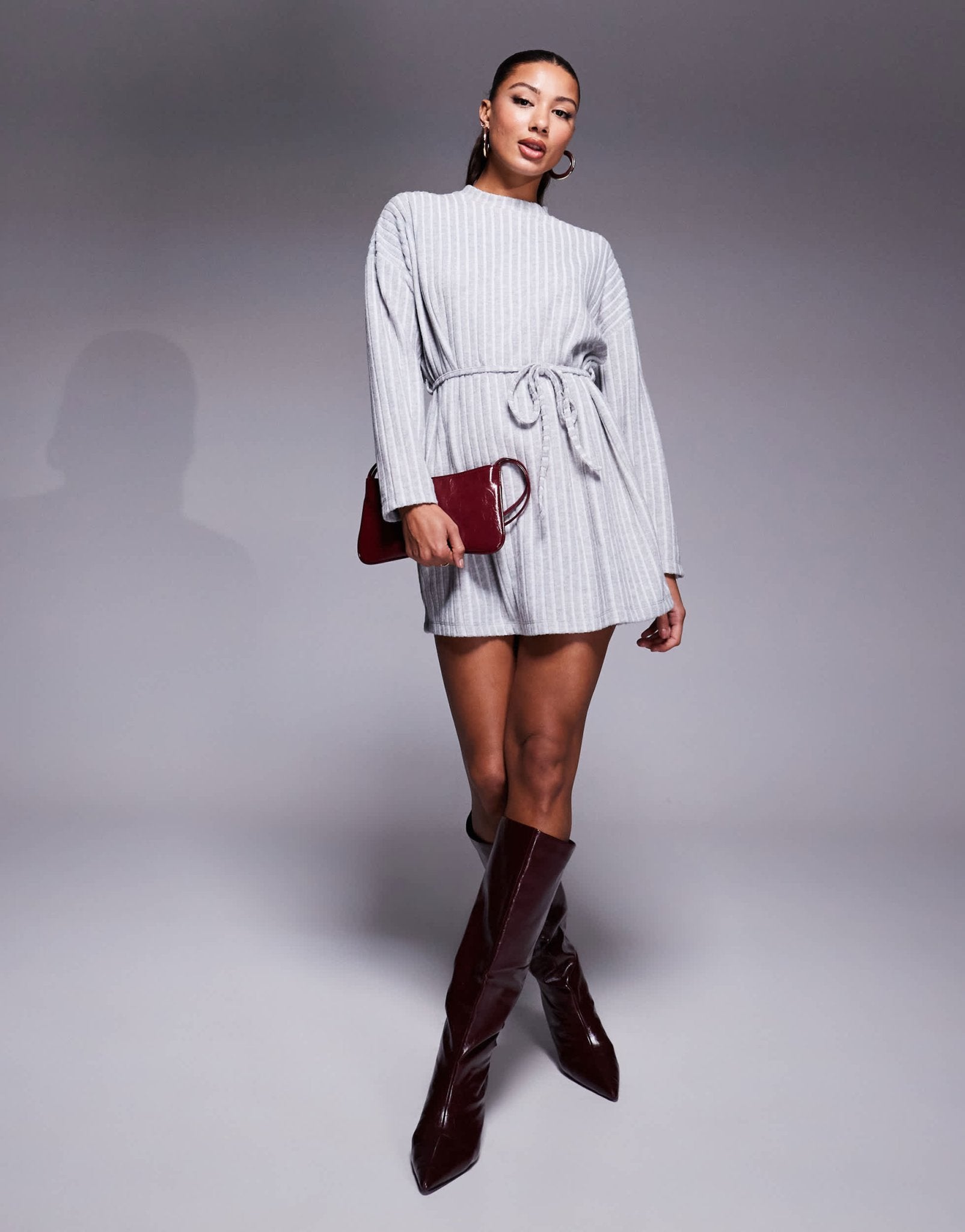 ASOS DESIGN tie waist a line wide rib super soft mini dress in grey - ASOS Sample Sale