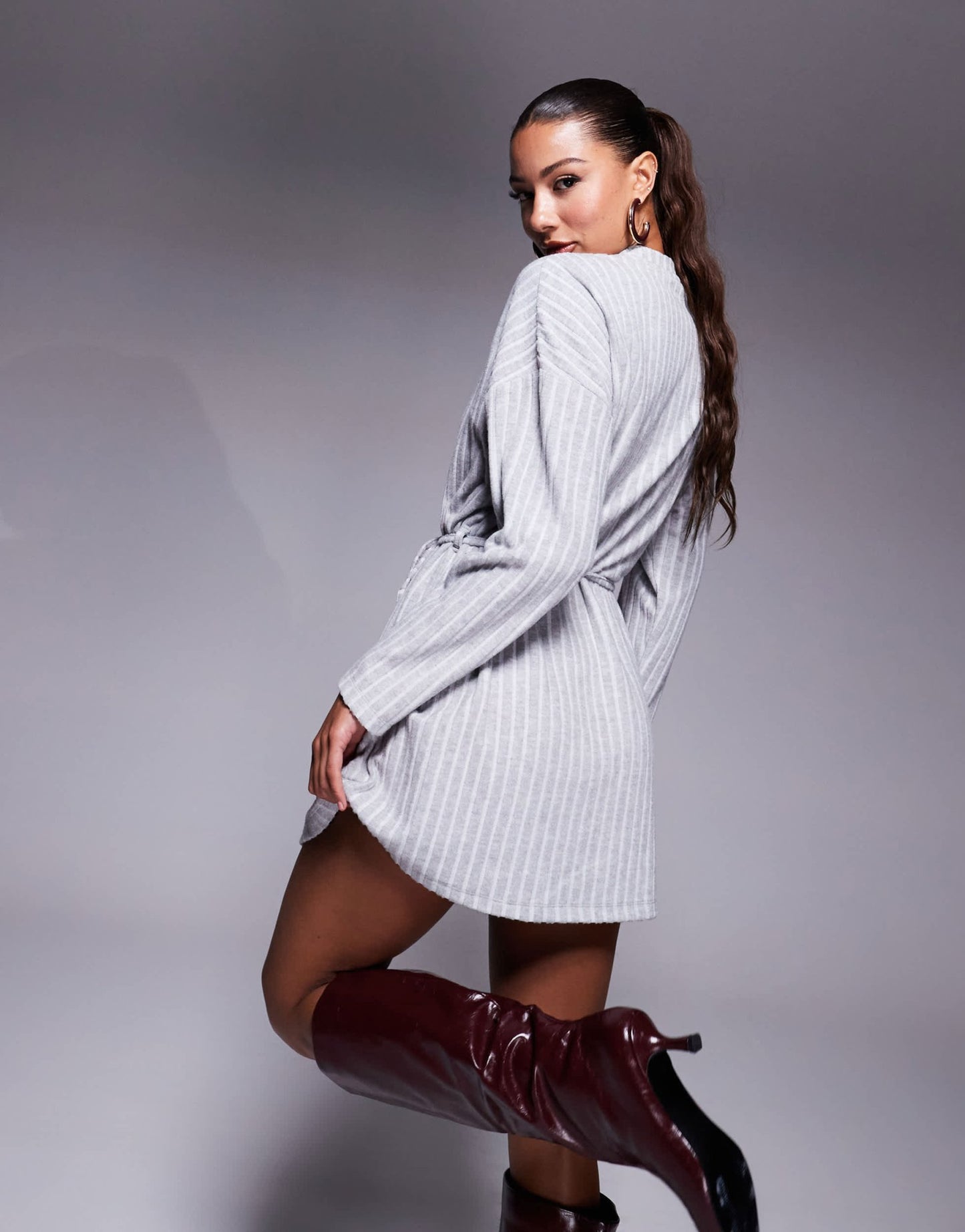 ASOS DESIGN tie waist a line wide rib super soft mini dress in grey - ASOS Sample Sale