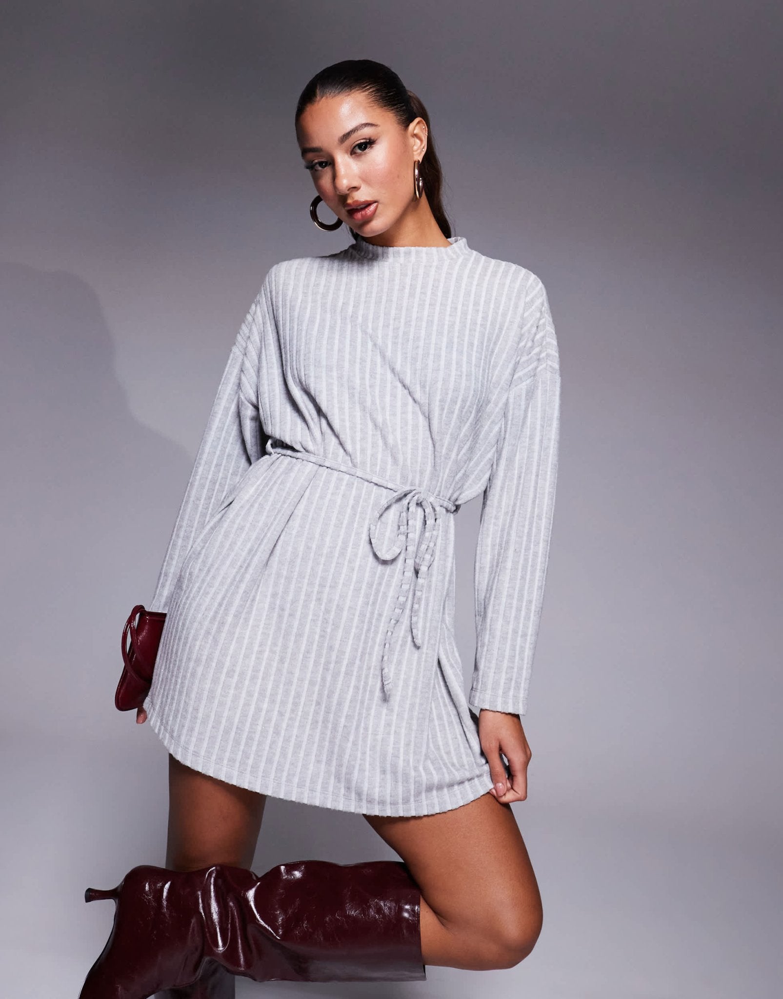 ASOS DESIGN tie waist a line wide rib super soft mini dress in grey - ASOS Sample Sale