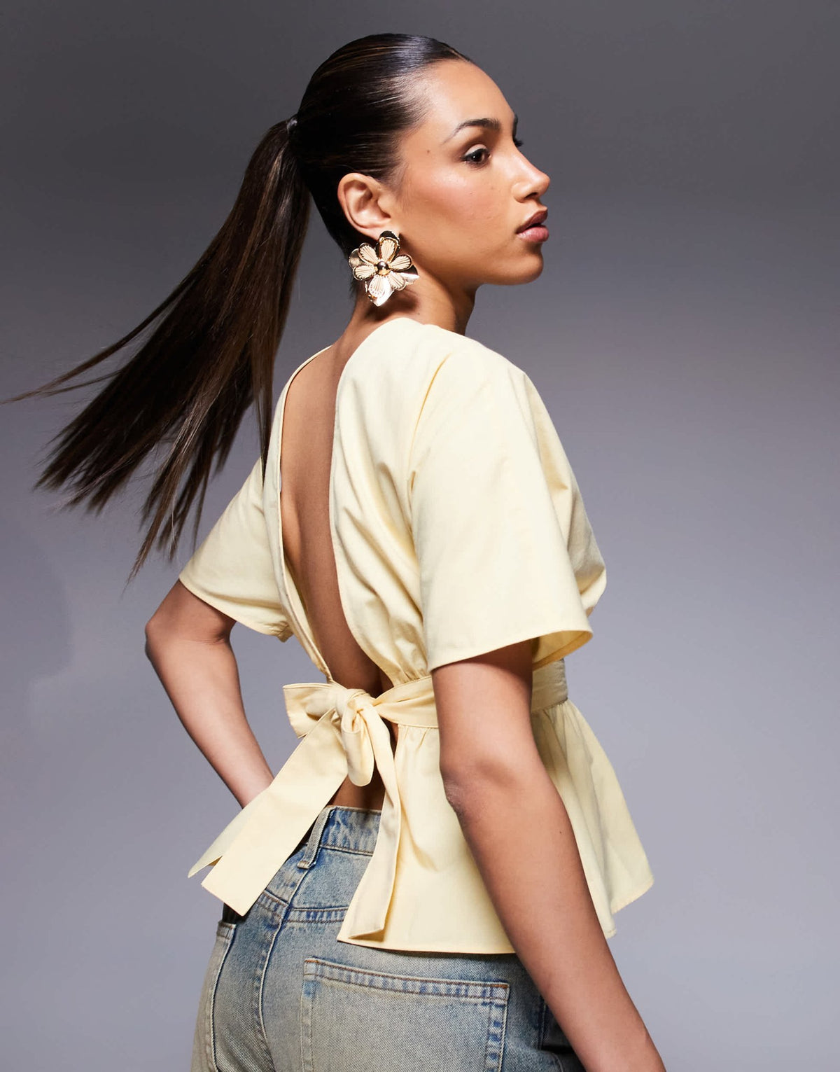 ASOS DESIGN tie waist open back blouse in buttermilk - ASOS Sample Sale